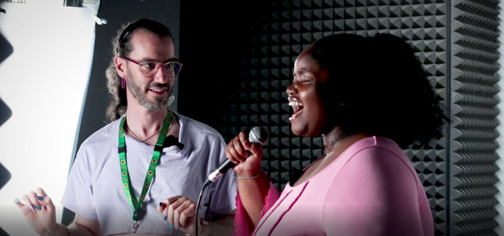 SK Shlomo and a young person working together in one of our Beatboxing, Identity and Mental Health films.