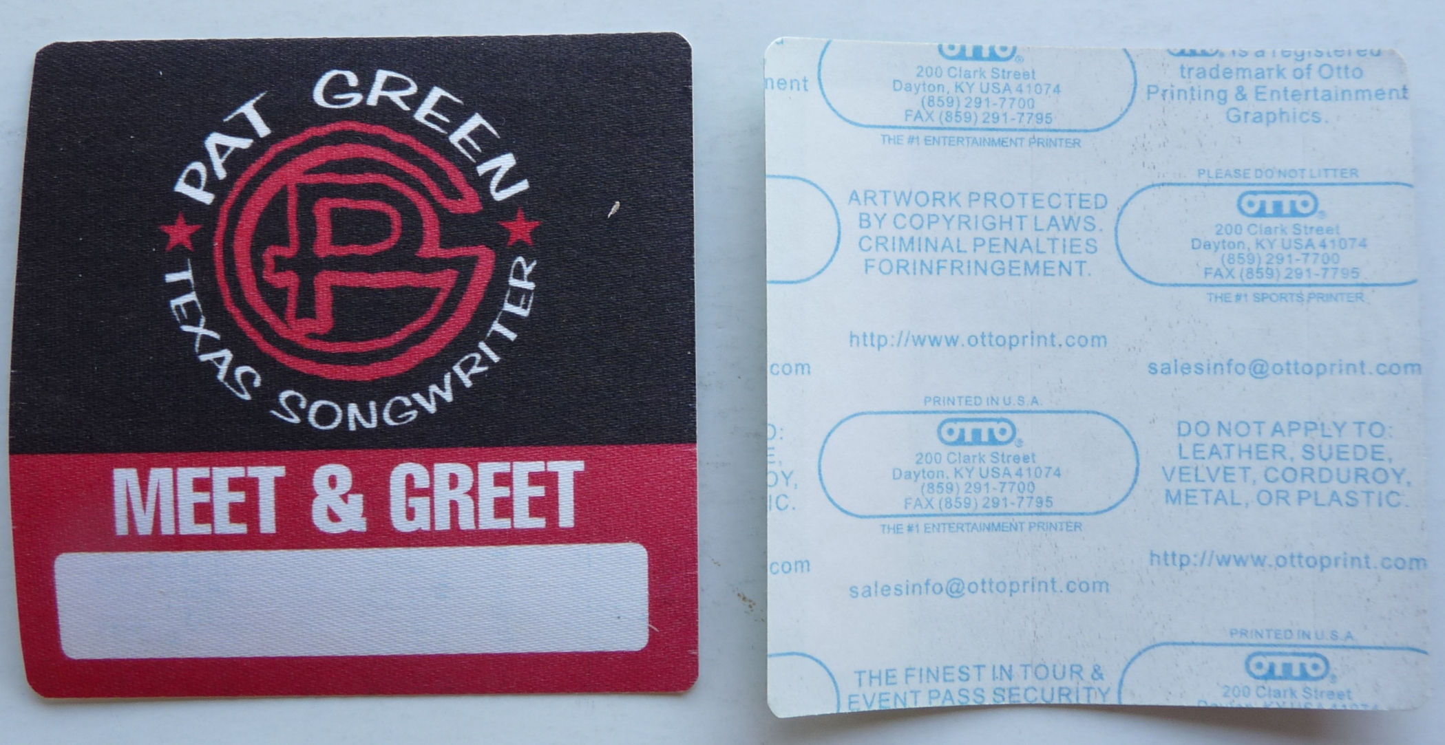 Pat Green Texas Songwriter Red M&G Concert Tour Show Backstage Pass D30