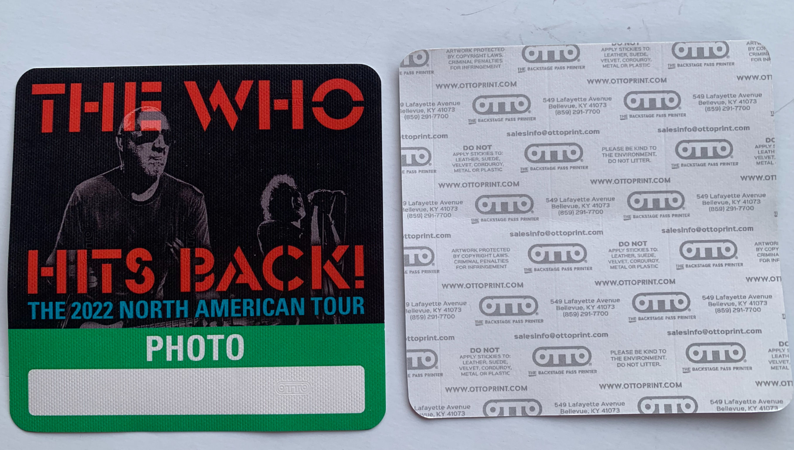 The Who Green 2022 Hits Back Photo Concert Tour Backstage Pass