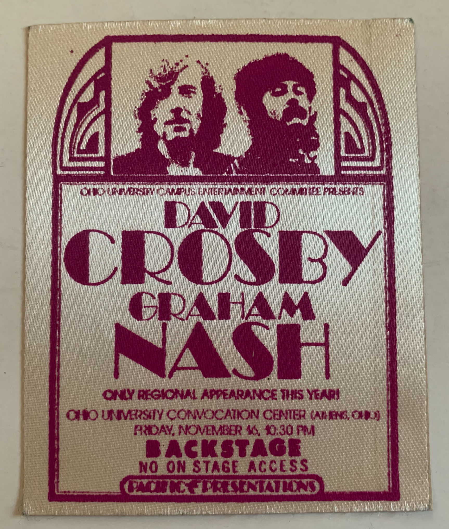 David Crosby & Graham Nash Nov 16 1973? Purple Backstage Pass