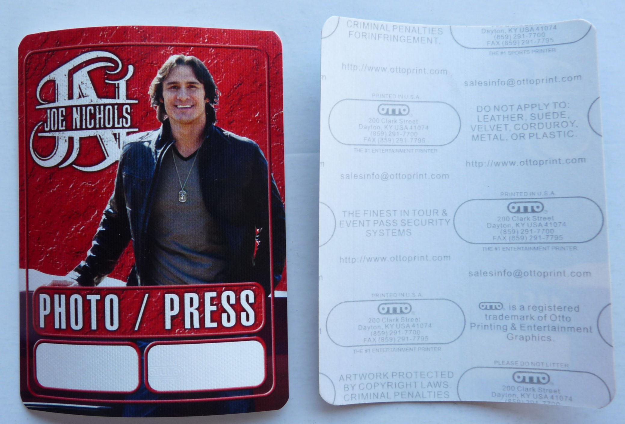 Joe Nichols Red Photo Press Concert Tour Backstage Pass D31