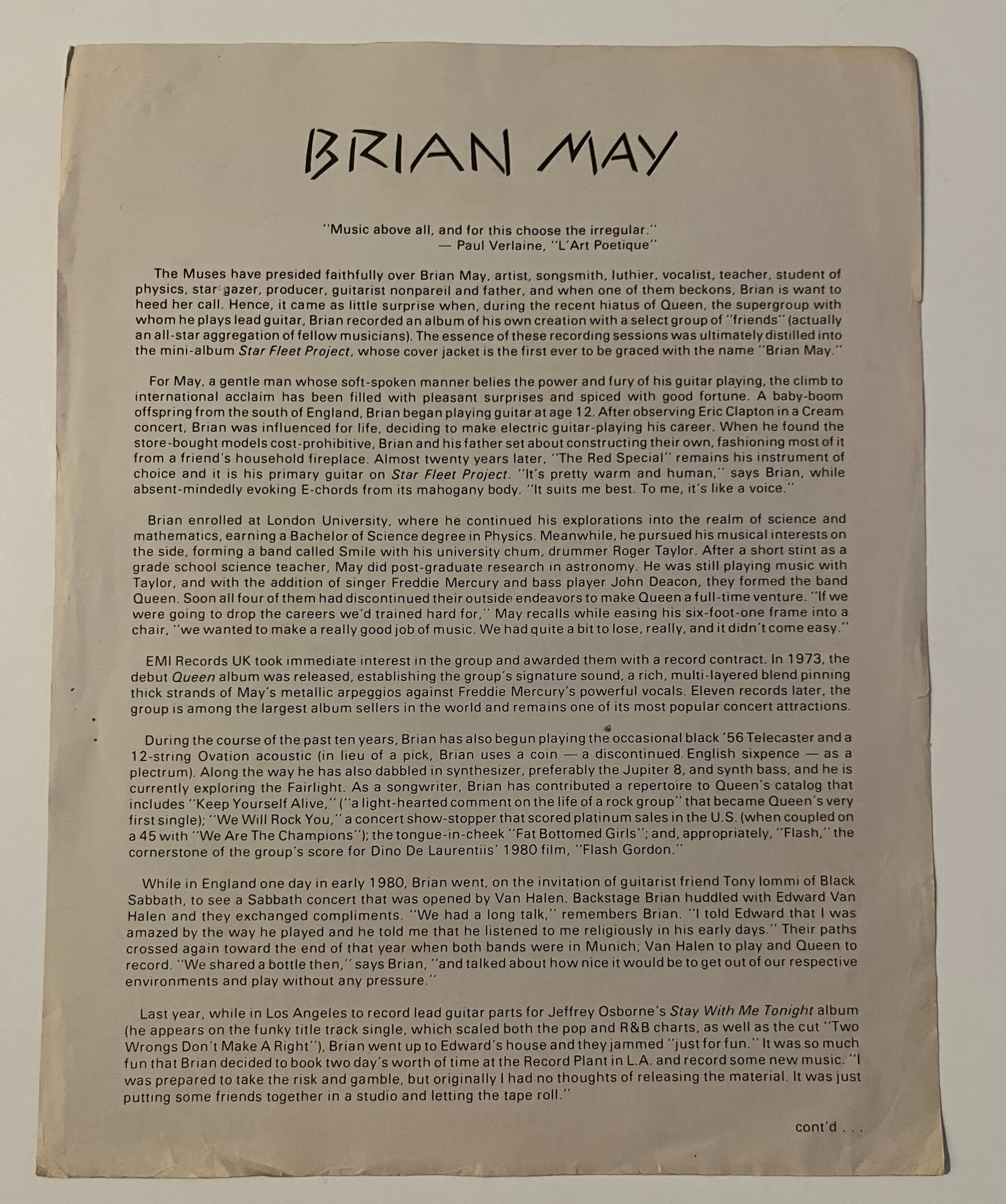 Brian May Queen Capital Records 1983Press Kit Bio Page