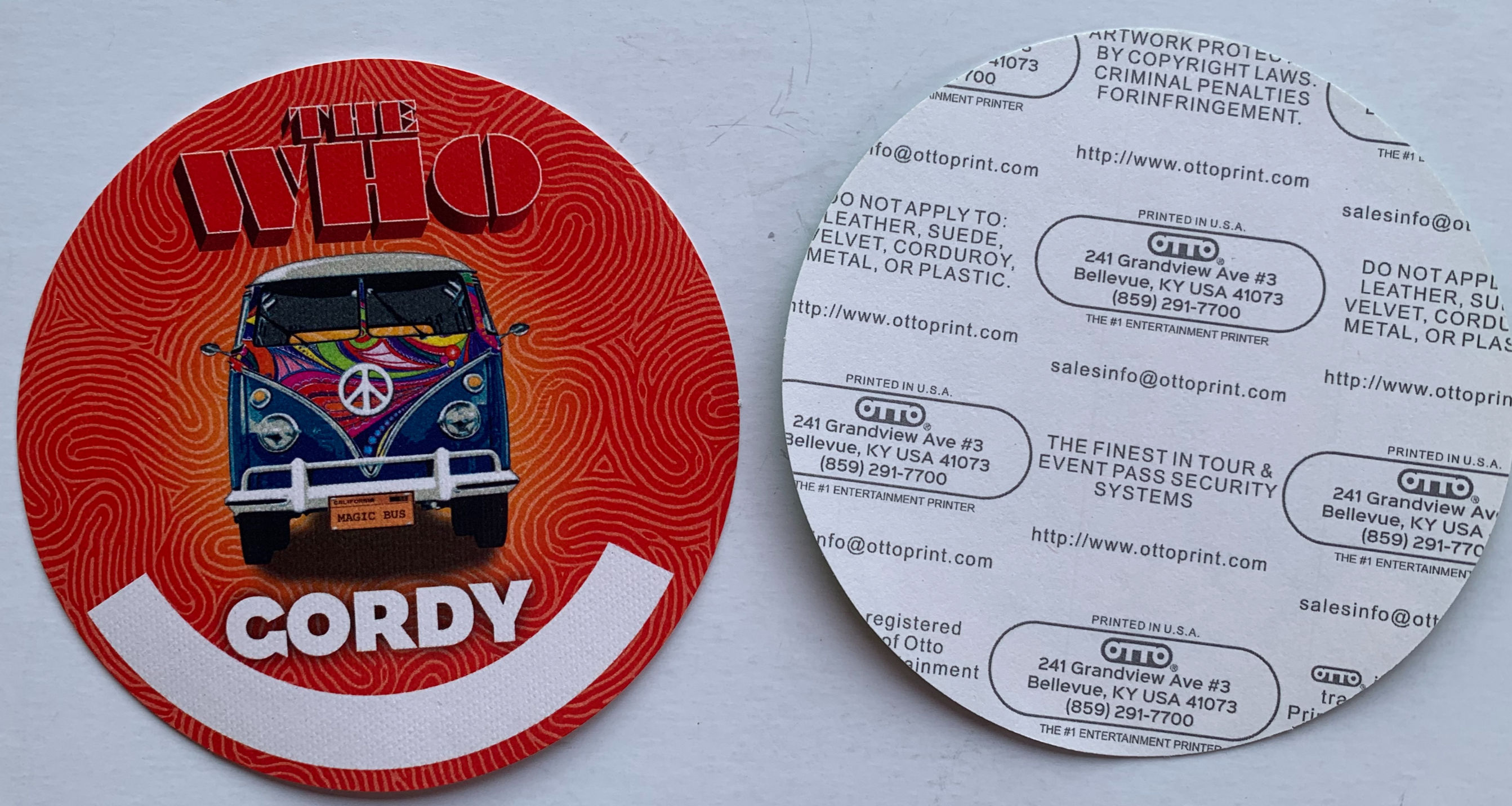 The Who Red Gordy VW Bus Concert Tour Backstage Pass