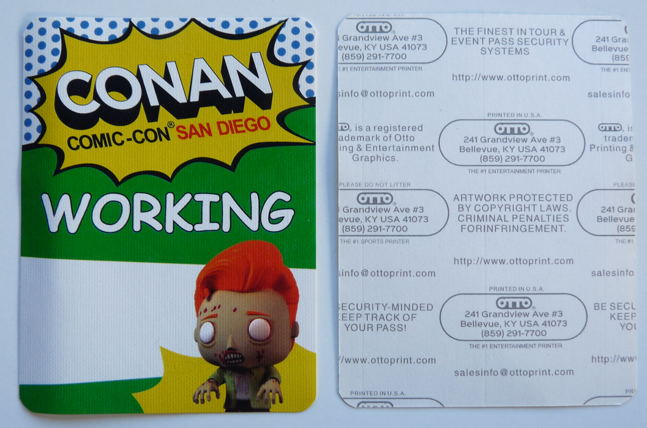 Conan O'Brien Show San Diego Comic Con Green Zombie Working Backstage Pass