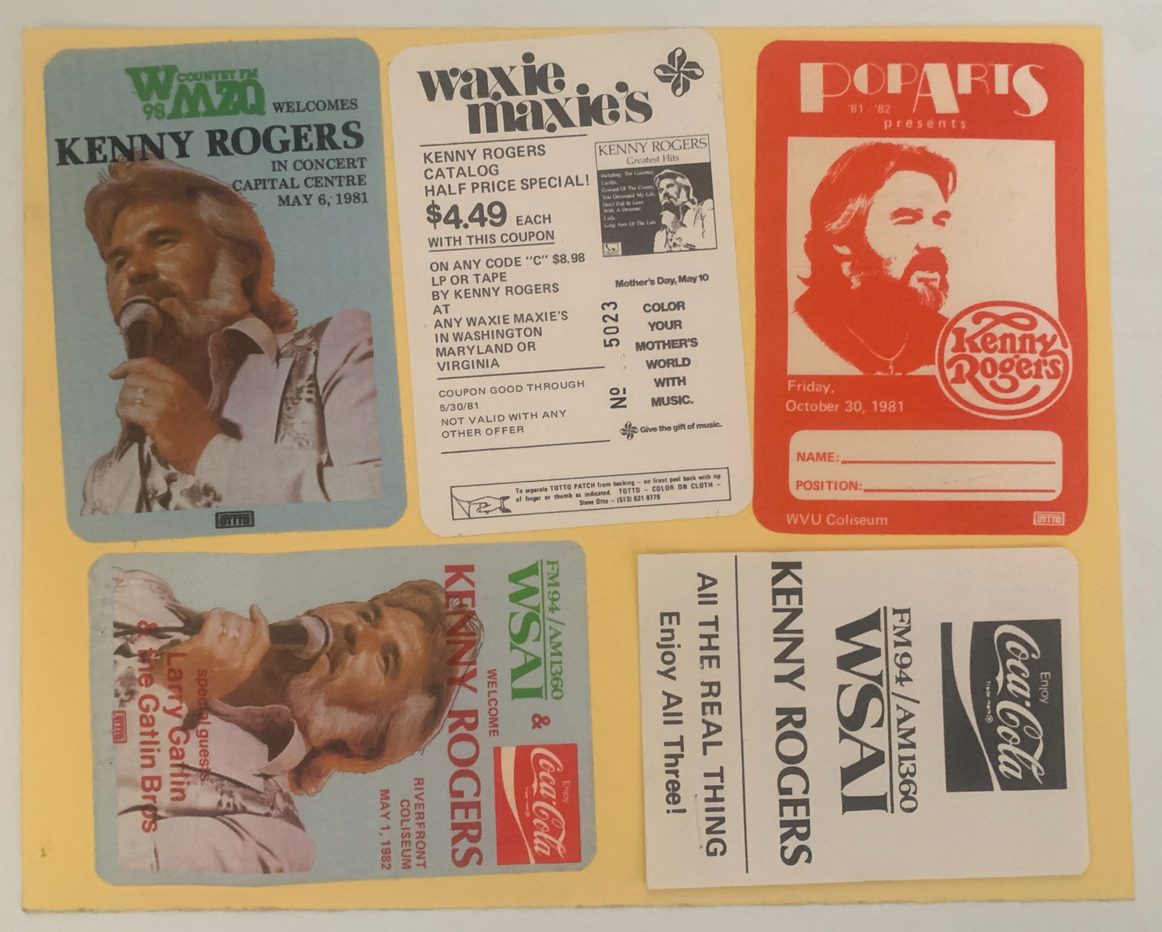 Kenny Rogers 5 Concert Tour Backstage Passes Patches On Backer