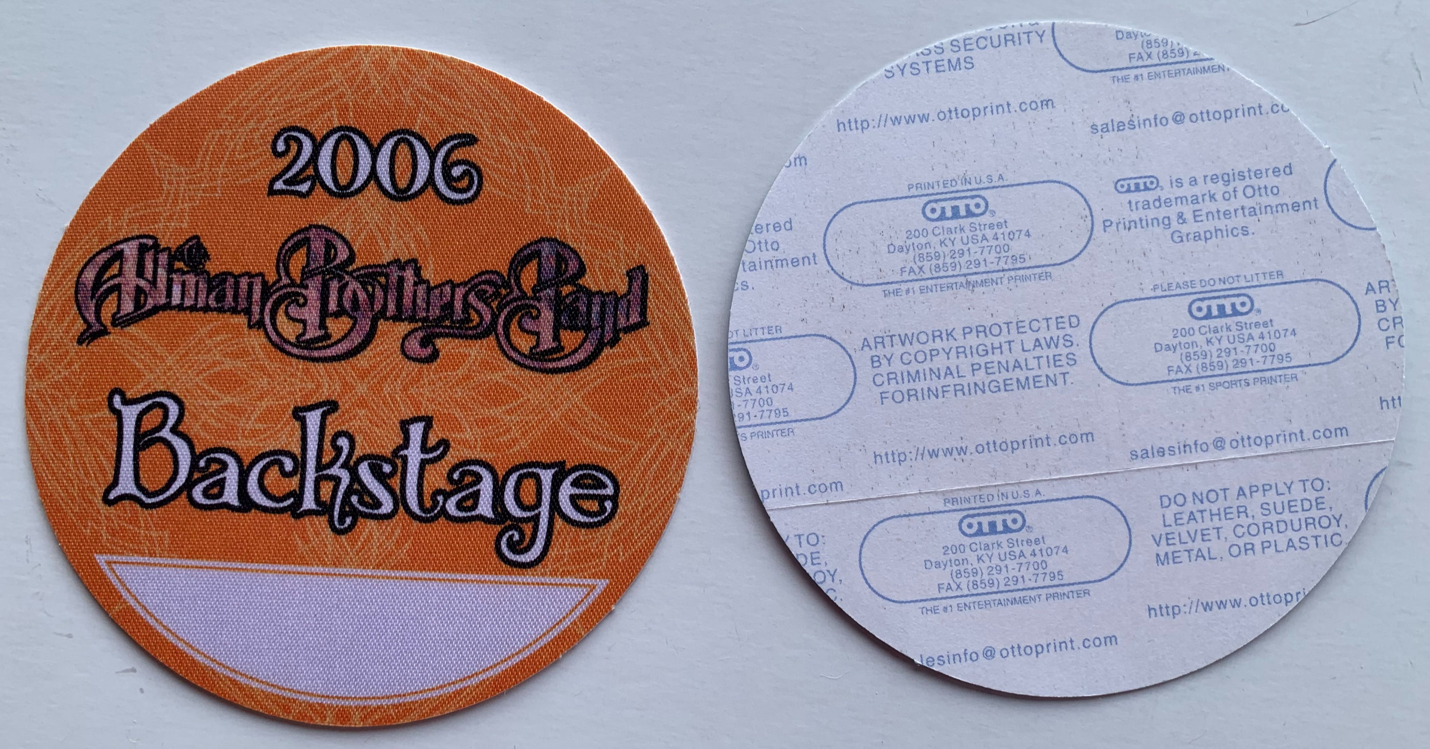 Allman Brothers 2006 Concert Tour Orange Backstage Pass