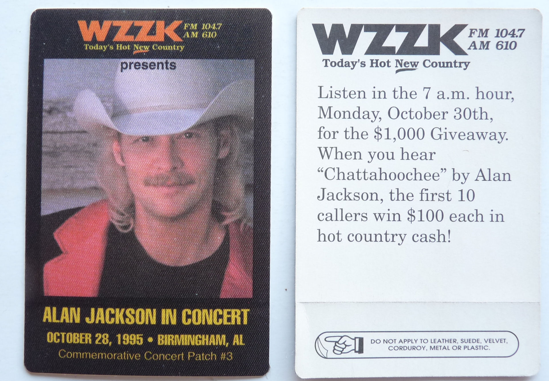 Alan Jackson Oct 28 1995 Concert Tour Backstage Pass Patch D27