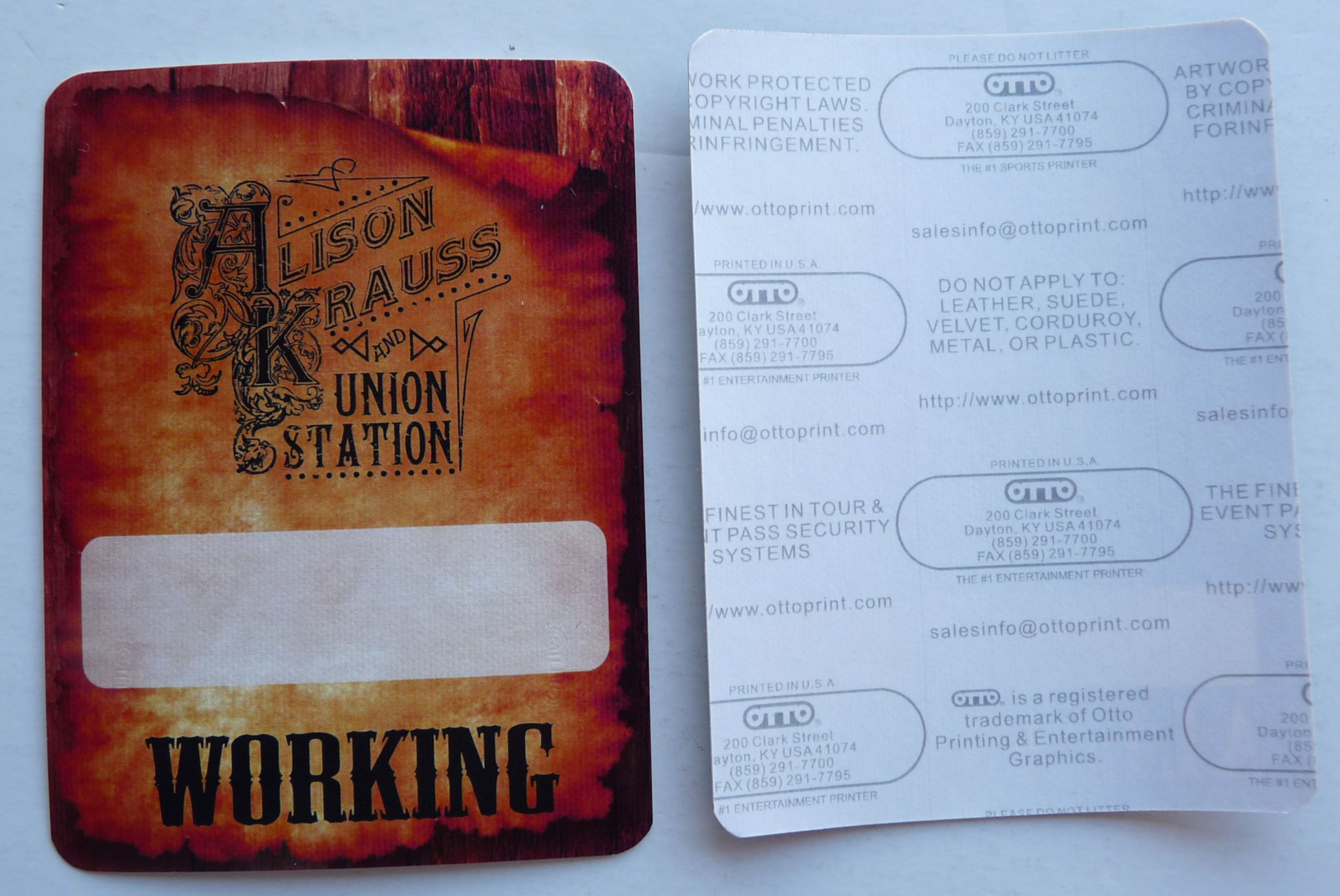 Alison Krauss & Union Station Working Concert Tour Backstage Pass D29