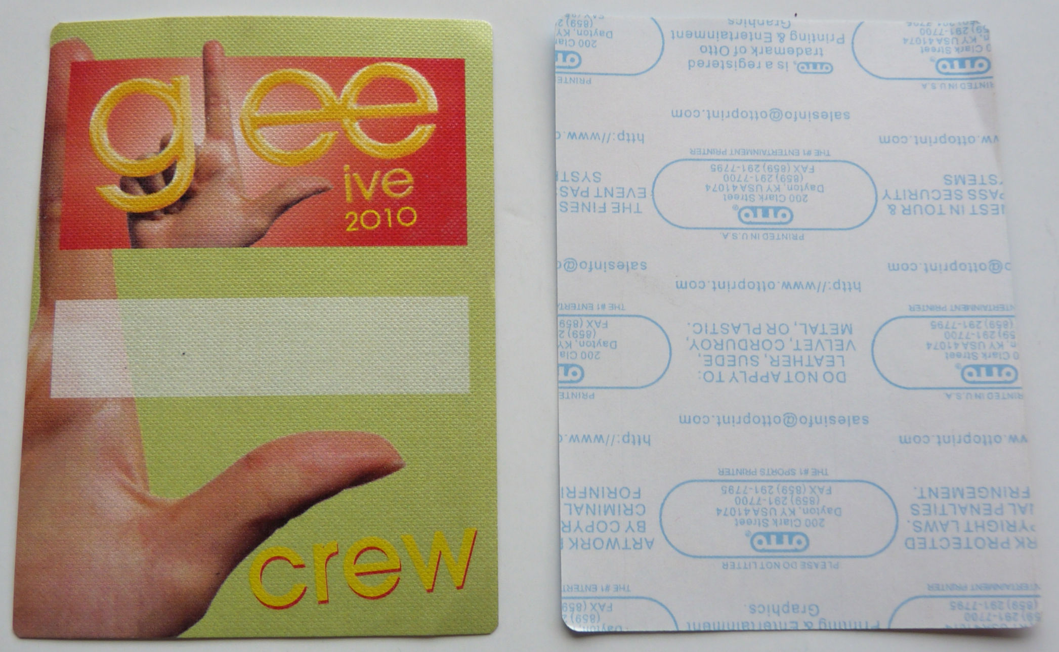 Glee Live 2010 Green Concert Tour Crew Backstage Pass