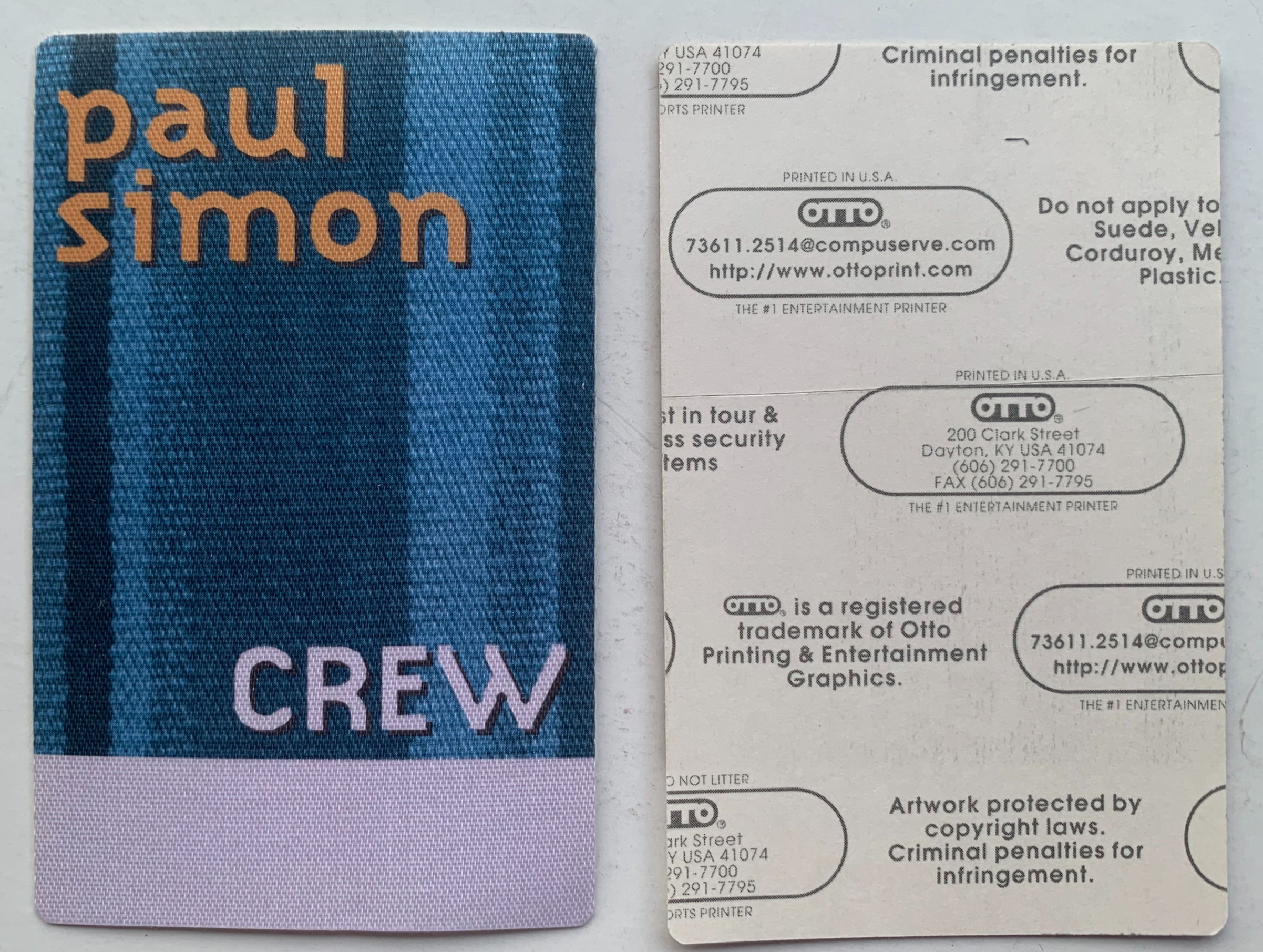 Paul Simon 1991 Concert Tour Blue Crew Backstage Pass