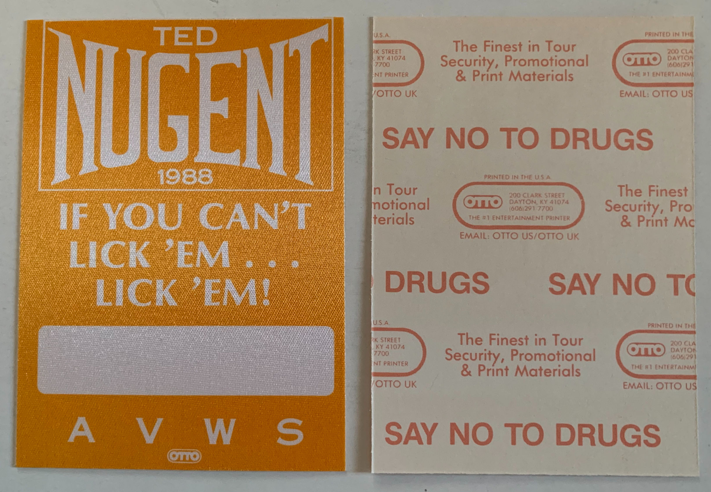 Ted Nugent 1988 If You Can't Lick Em Concert Tour Orange Backstage Pass