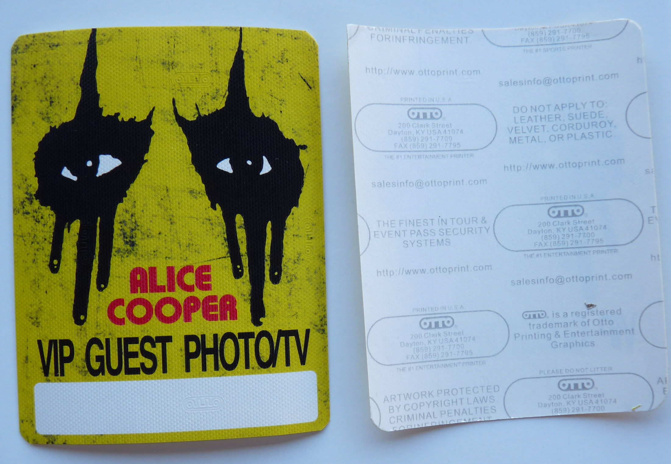 Alice Cooper 2015 Concert Tour Yellow VIP Guest Photo Backstage Pass