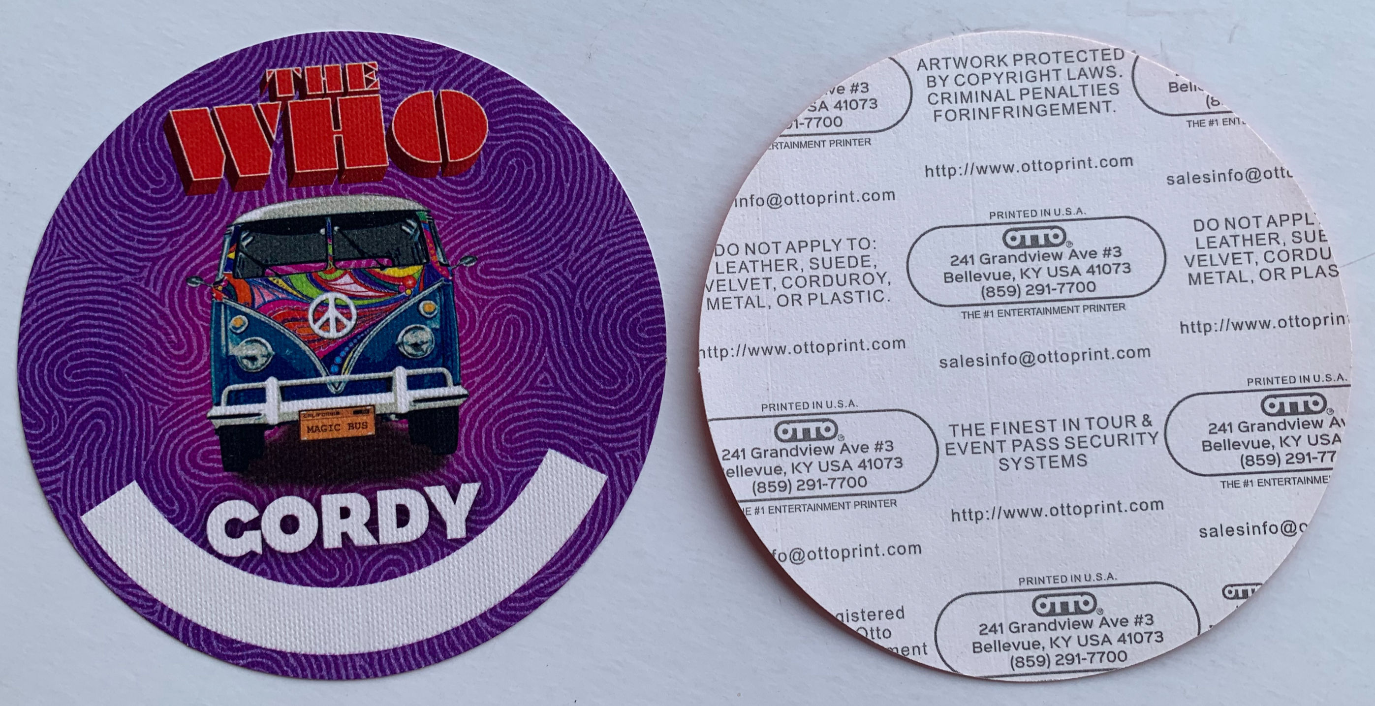 The Who Purple Gordy VW Bus Concert Tour Backstage Pass
