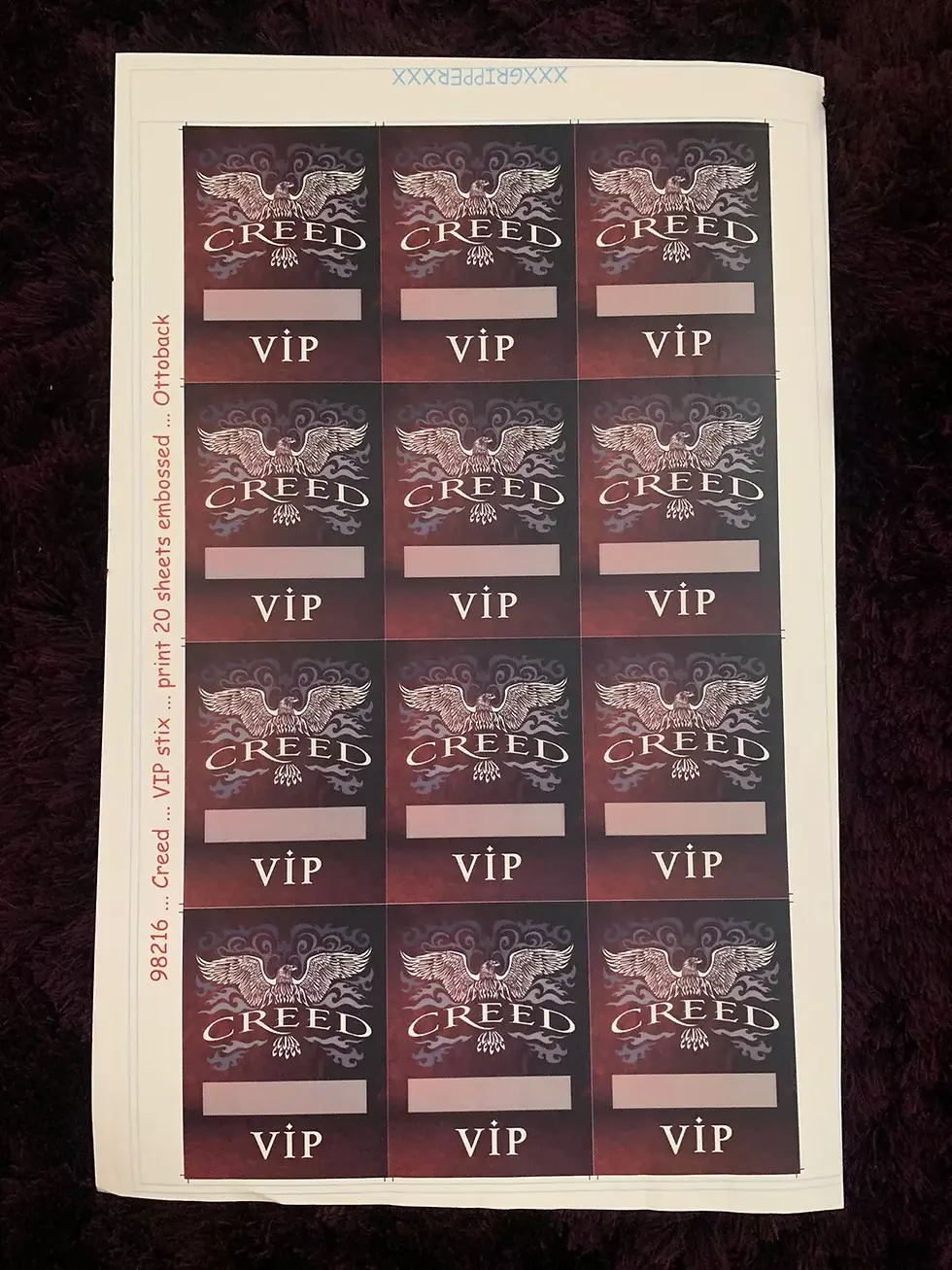 Creed UNCUT SHEET Of 12 Backstage Passes Full Circle 2009 Concert Tour VIP