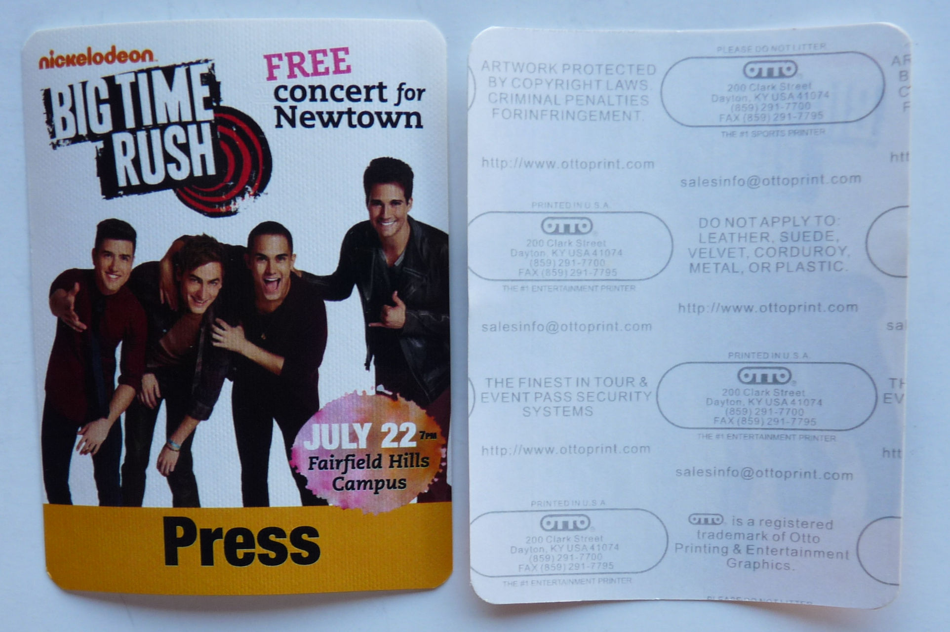 Big Time Rush 2013 Concert Tour PRESS Backstage Pass D25