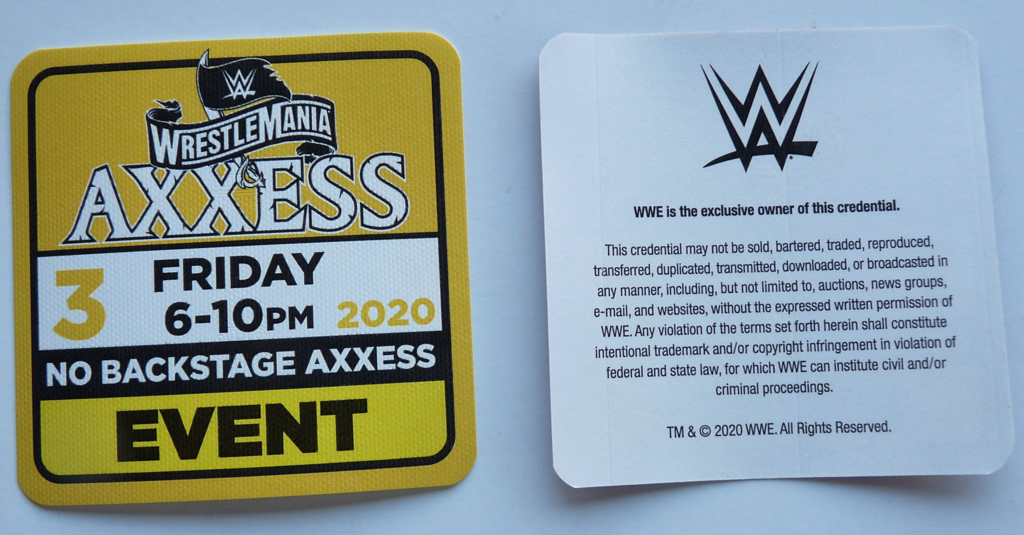 WWE Wrestle Mania 2020 Axxess Event Backstage Concert Pass #3 D26