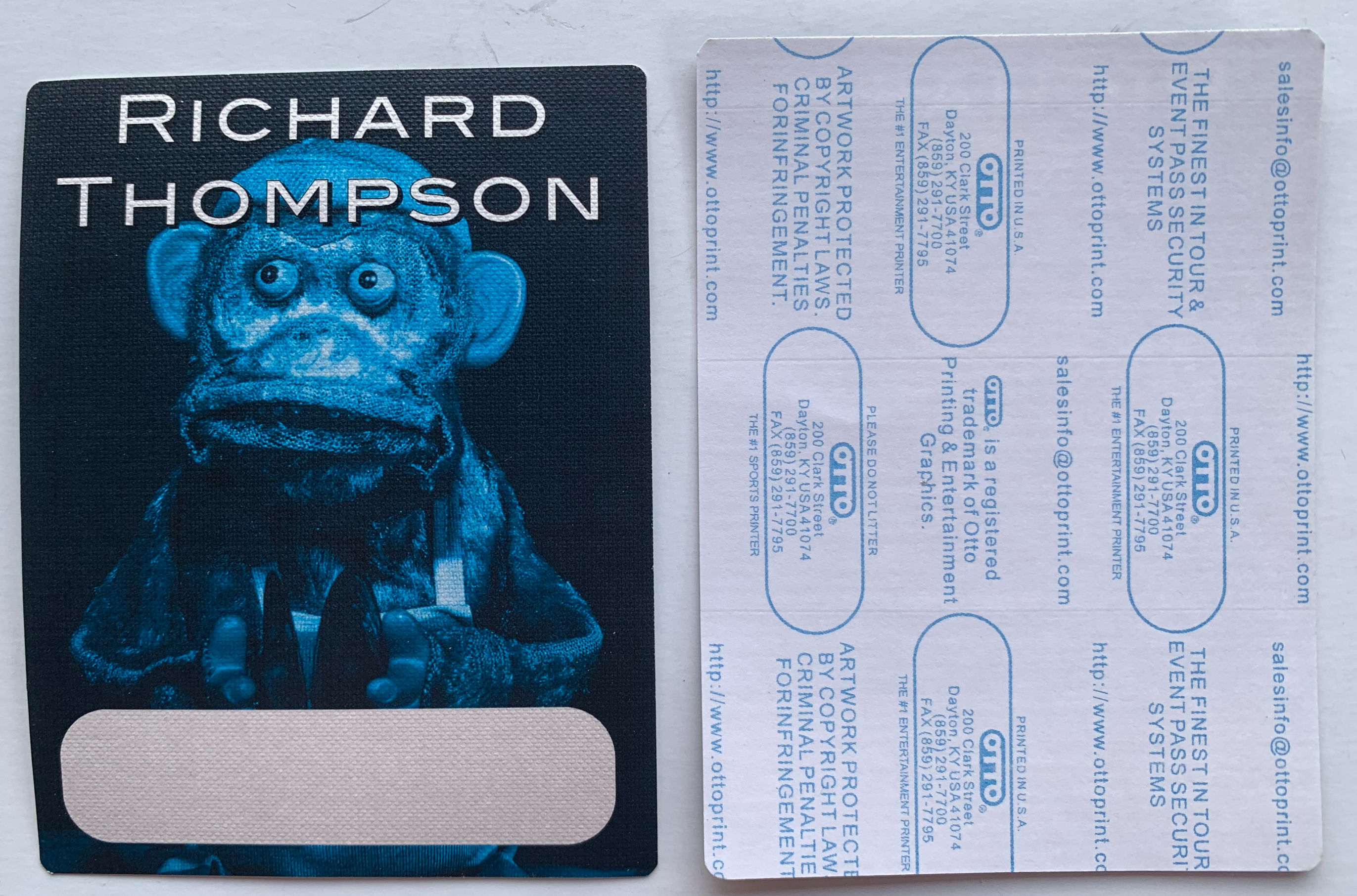 Richard Thompson Blue Cloth Dream Attic Tour Backstage Pass
