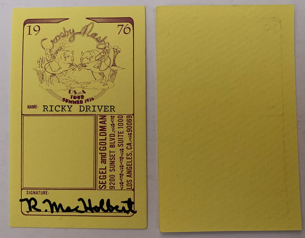 Crosby Nash 1976 Tour Ricky Driver Backstage Pass Signed By Mac Holbert