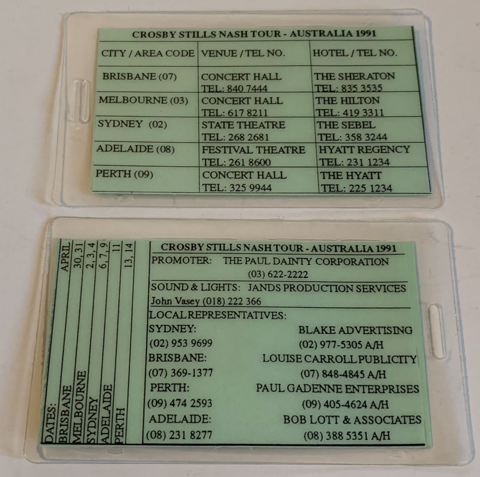Crosby Stills Nash 1991 Australia Tour Contact Info Backstage Pass Laminate