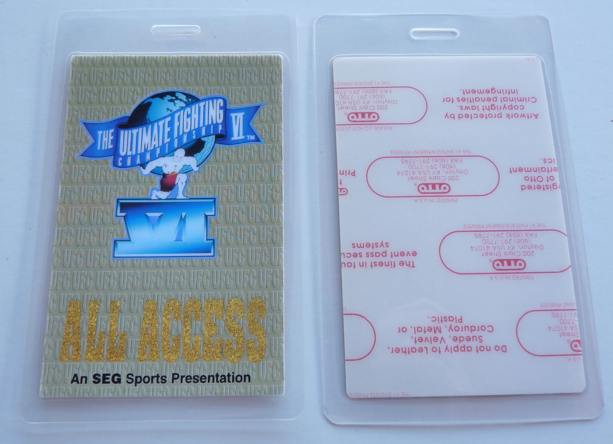 UFC Ultimate Fighting Championship VI 1995 All Access Backstage Pass Laminate