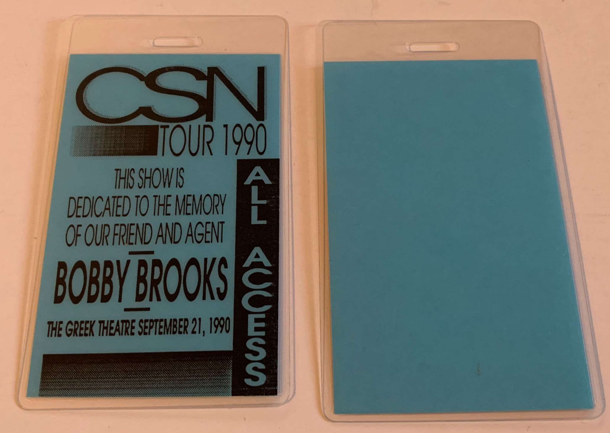 Crosby Stills Nash 1990 Bobby Brooks Concert Tour VIP Backstage Pass Laminate