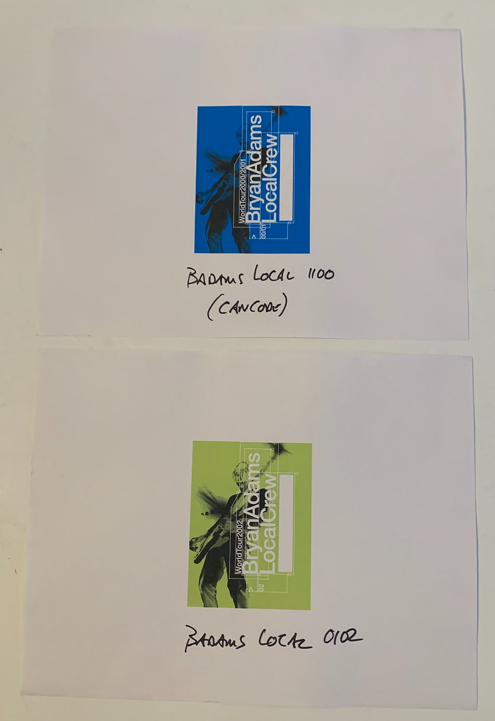 2 Bryan Adams 2000 2001 Tour Blue & Green Crew Backstage Pass Set Up Sheets