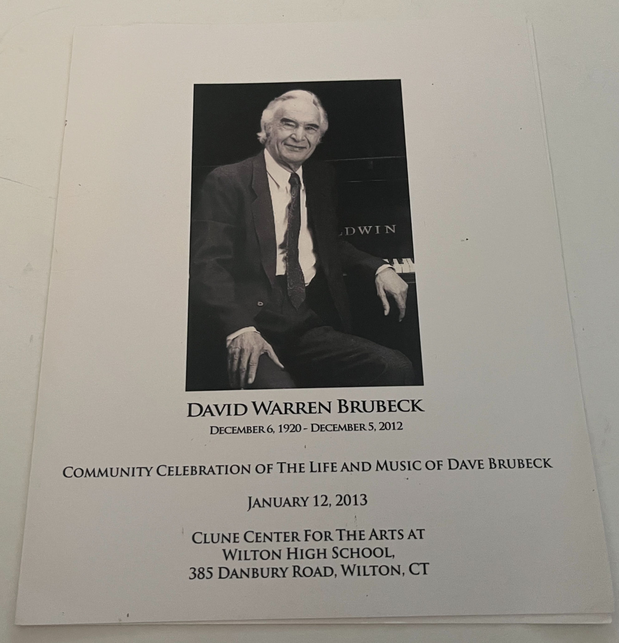 Dave Brubeck 12-6-13 Community Celebration Of Life Program