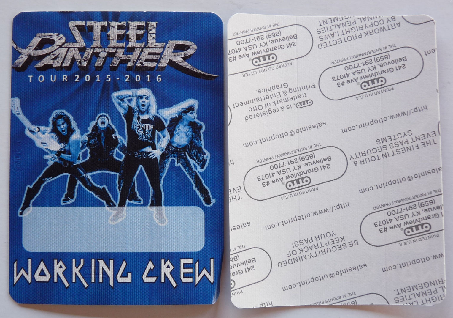 Steel Panther 2015-2016 Concert Tour Blue Photo Working Backstage Pass D15