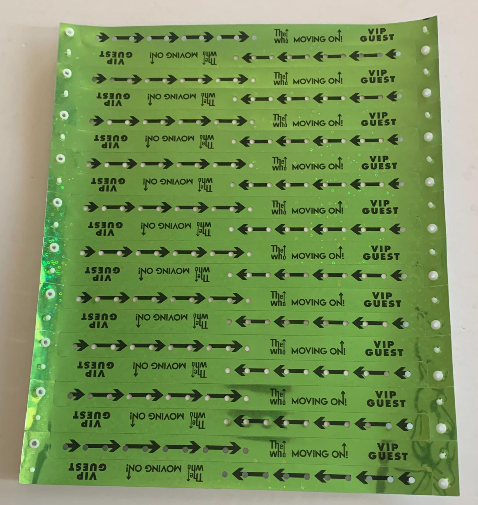 The Who Moving On Concert Tour Green VIP Sheet of 20 Backstage Pass Wristbands