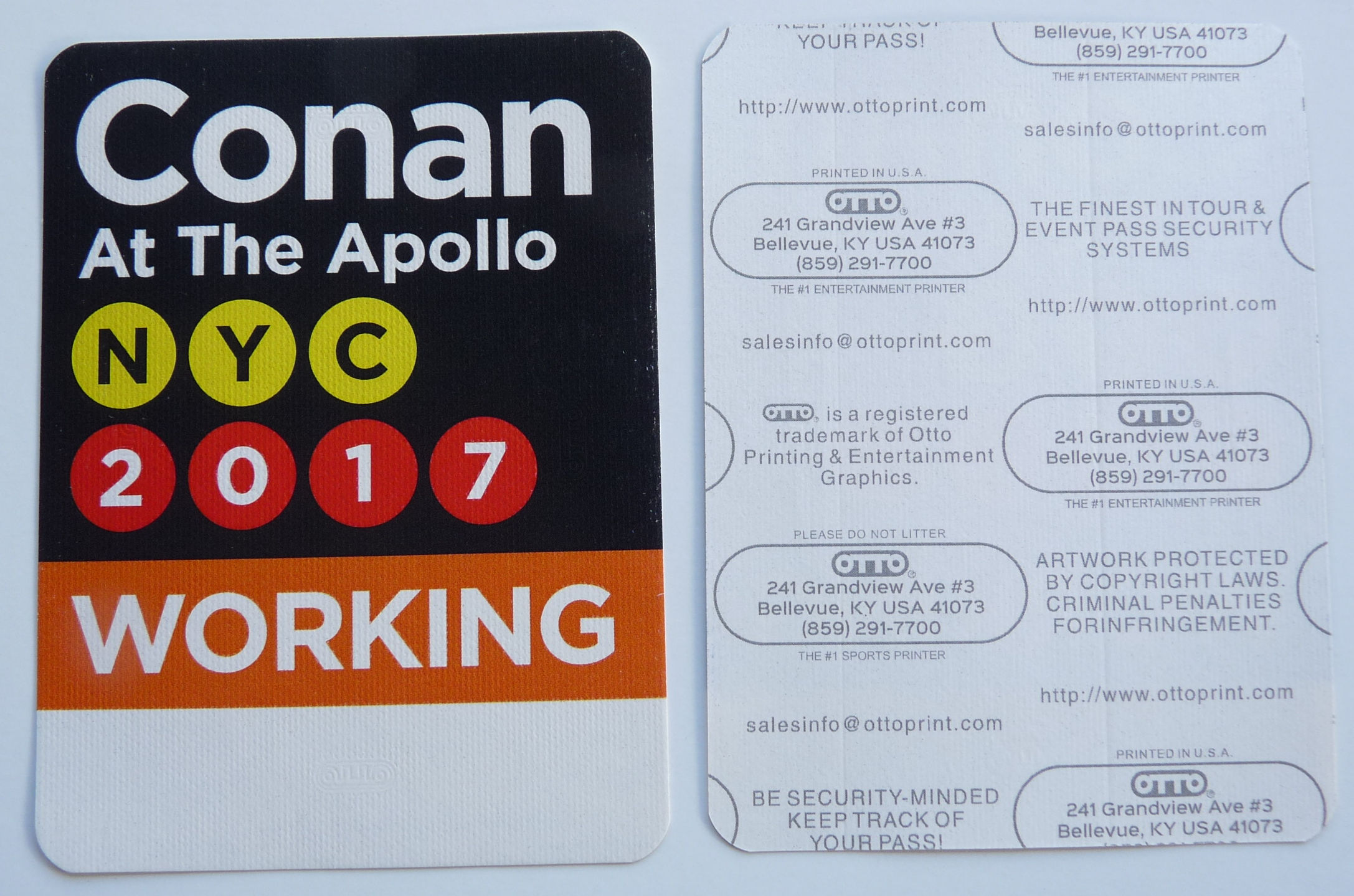 Conan O'Brien Show NYC Apollo 2017 Tour Orange Working Backstage Pass