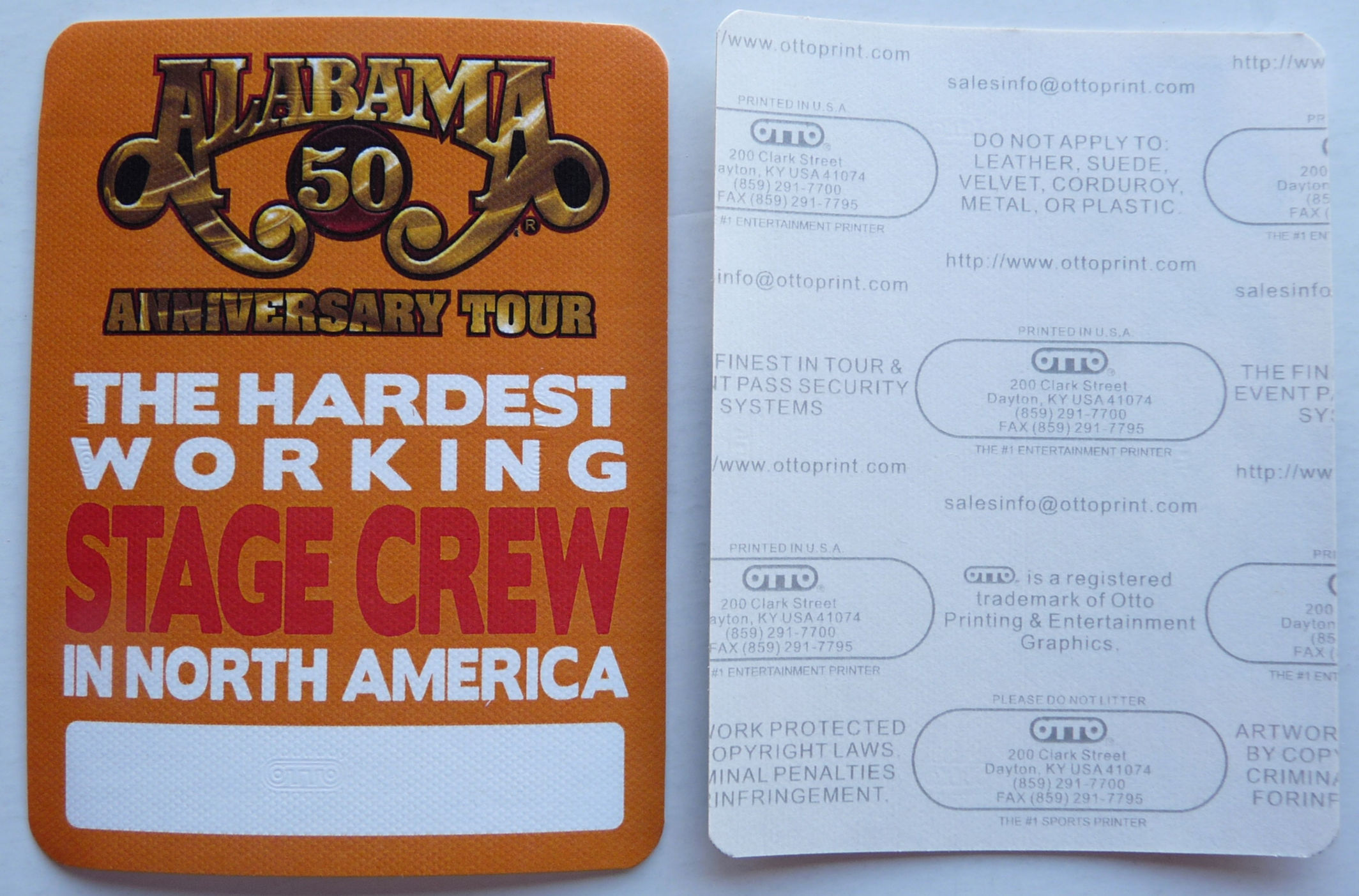 Alabama 50th Anniversary Concert Tour Crew Backstage Pass D30