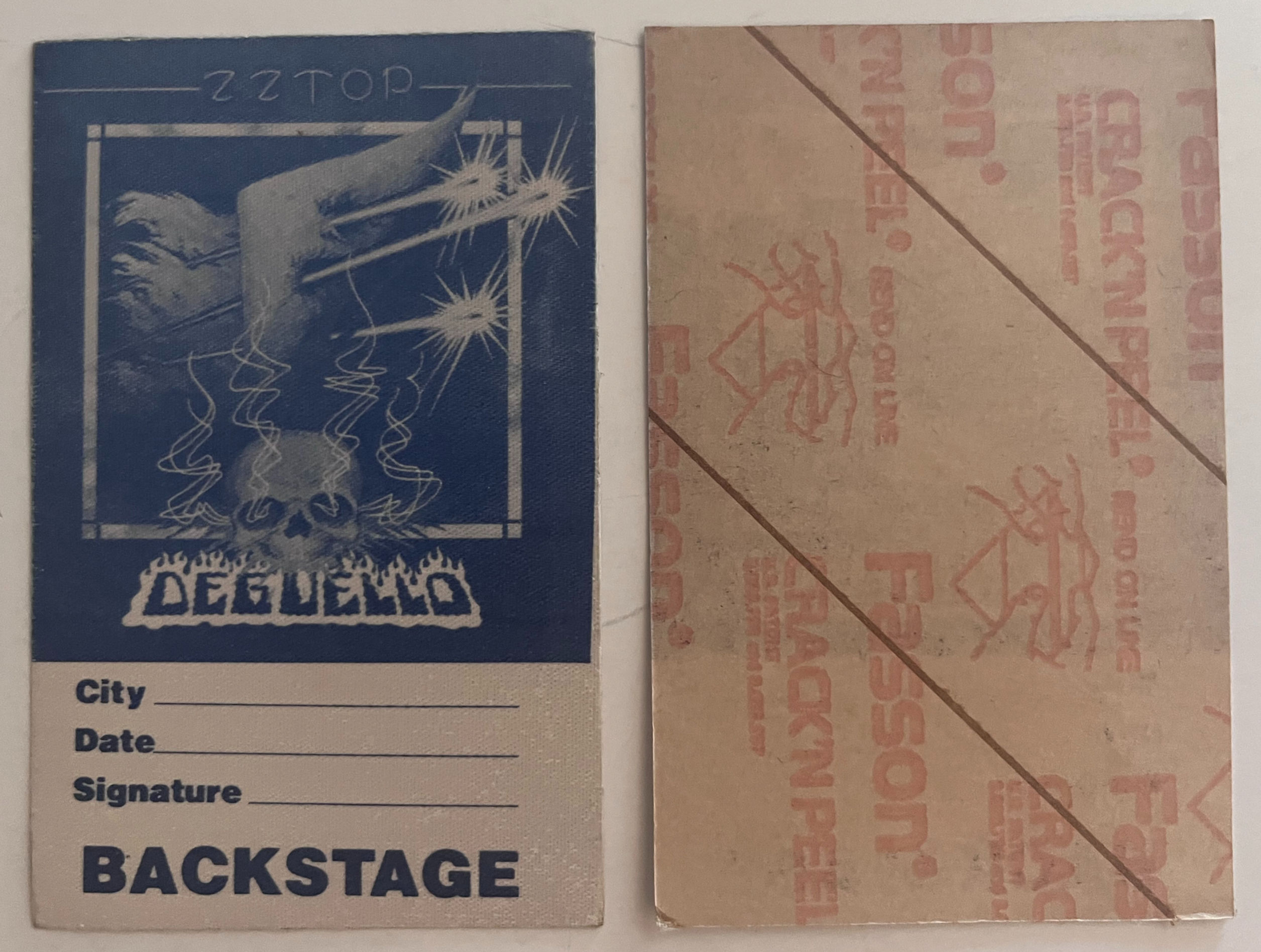 ZZ Top 1981 DeGuello Tour 1979 Blue Backstage Pass