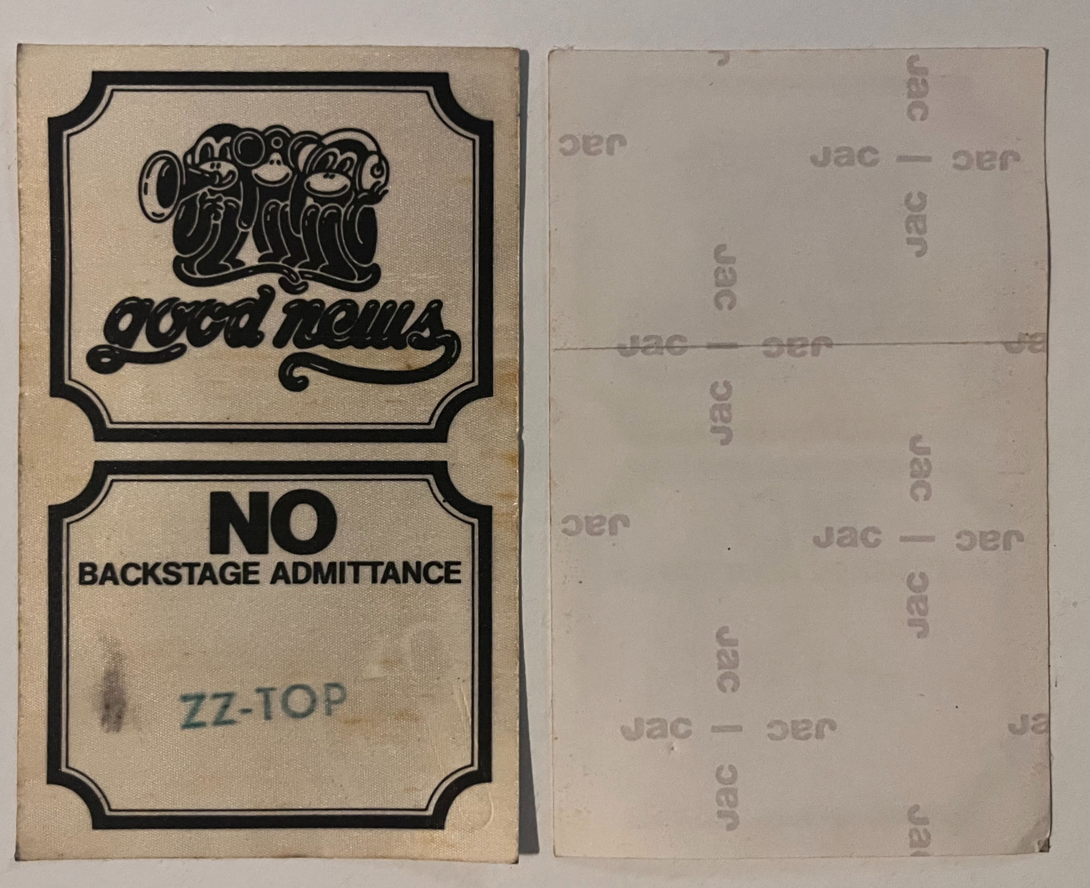 ZZ Top 1970's Good News Black NO Backstage Access Pass