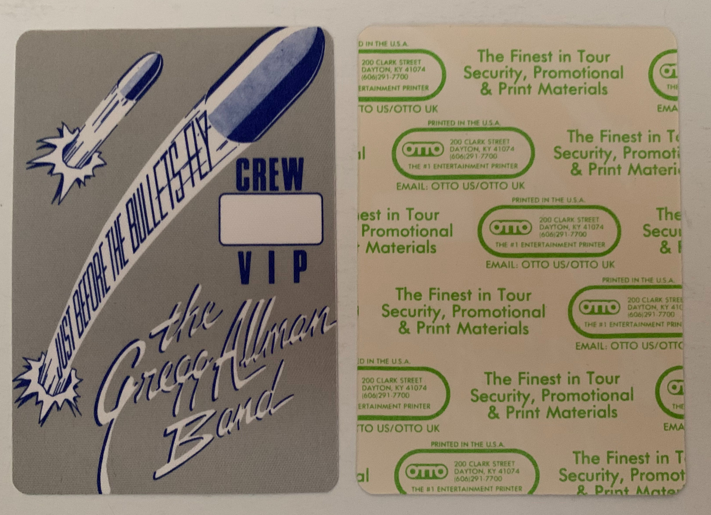 Gregg Allman 1988 Bullets Fly Concert Tour Silver Blue Crew VIP Backstage Pass
