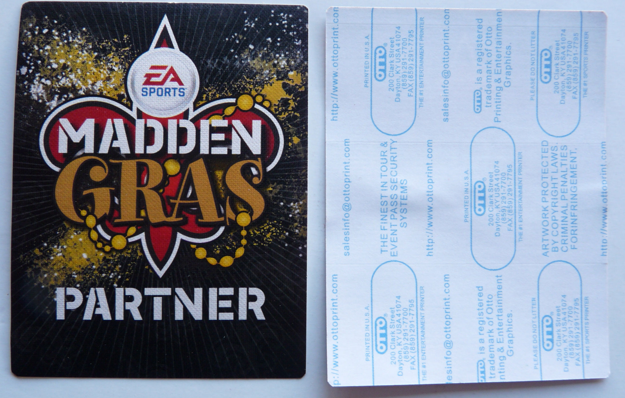 EA Sports 2010 Madden Gras Football PARTNER Backstage Sticky Pass