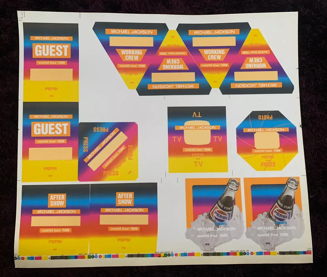 Michael Jackson UNCUT SHEET Of 14 Backstage Passes 1988 Pepsi Concert Tour