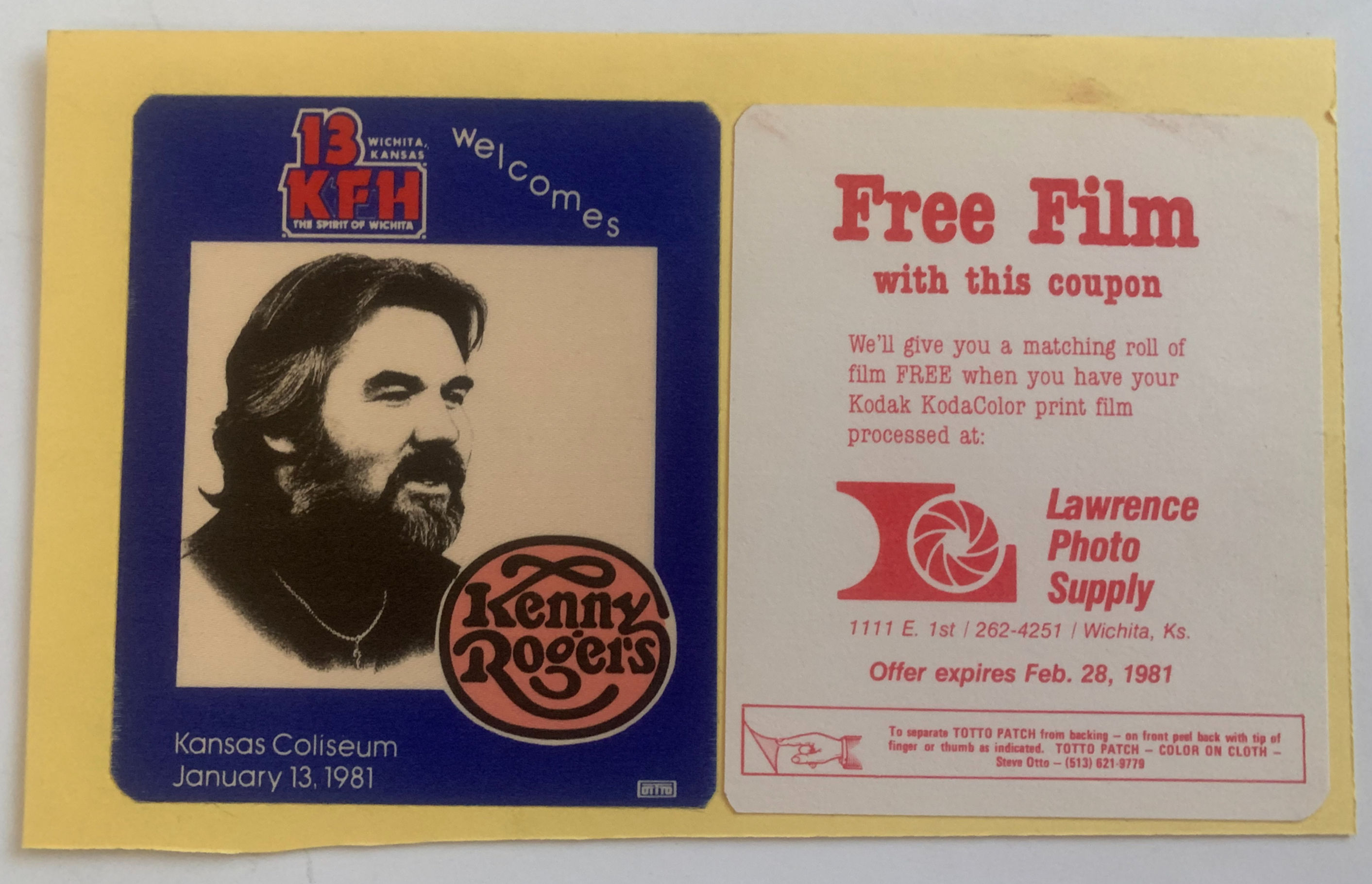 Kenny Rogers 1981 Concert Tour Backstage Pass Patch On Backer OTTO