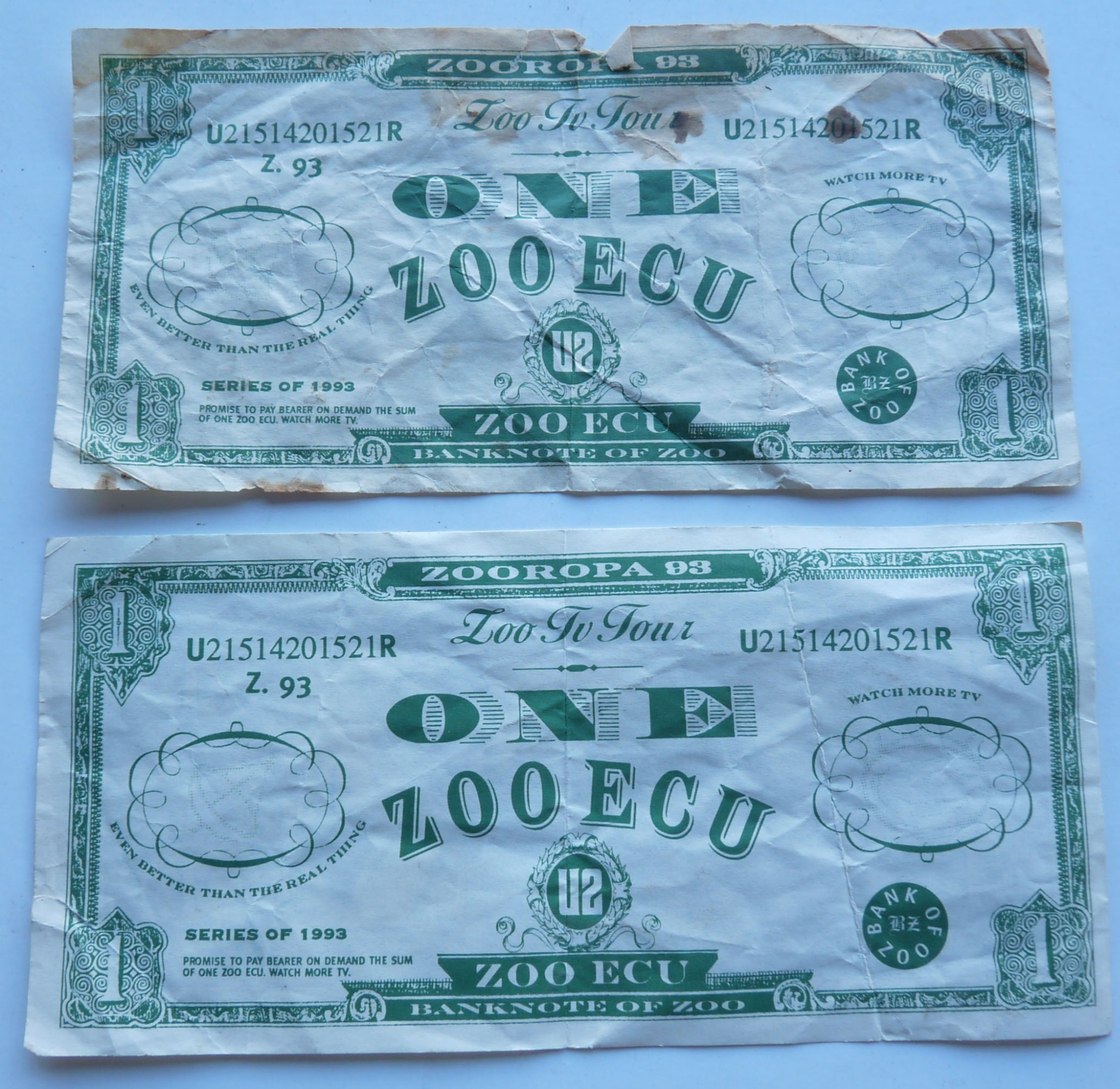 2 U2 1993 Zootopia Concert Tour ZOO TV ECU Banknote Bills
