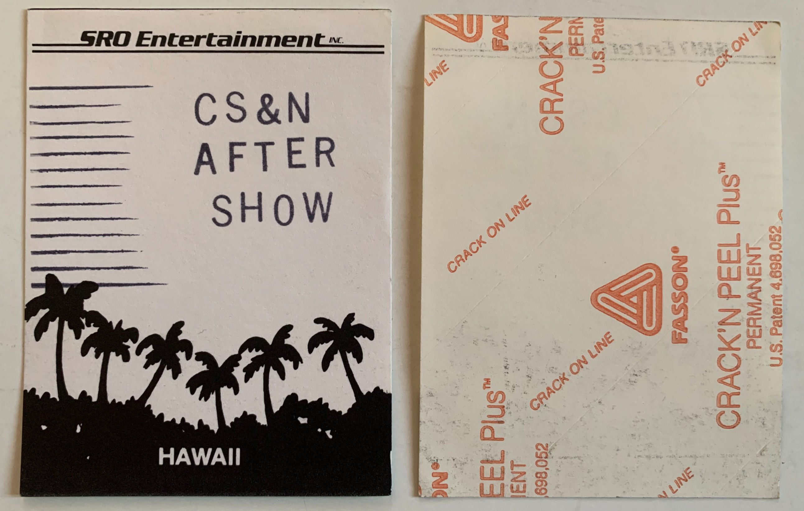 Crosby Stills & Nash 1980's SRO Hawaii Concert Tour Backstage Passs