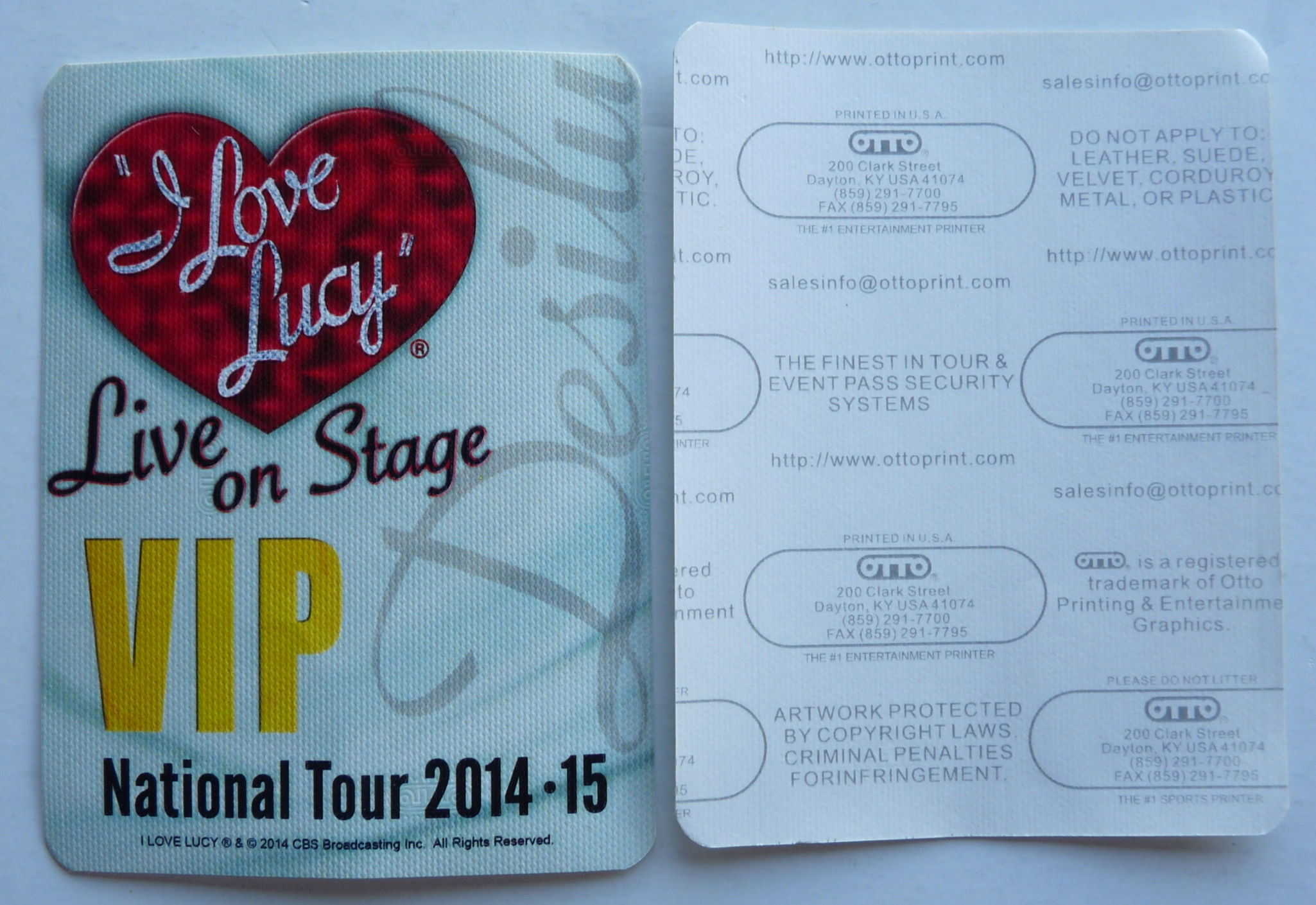 I Love Lucy Live On Stage 2014-2015 VIP Backstage Pass