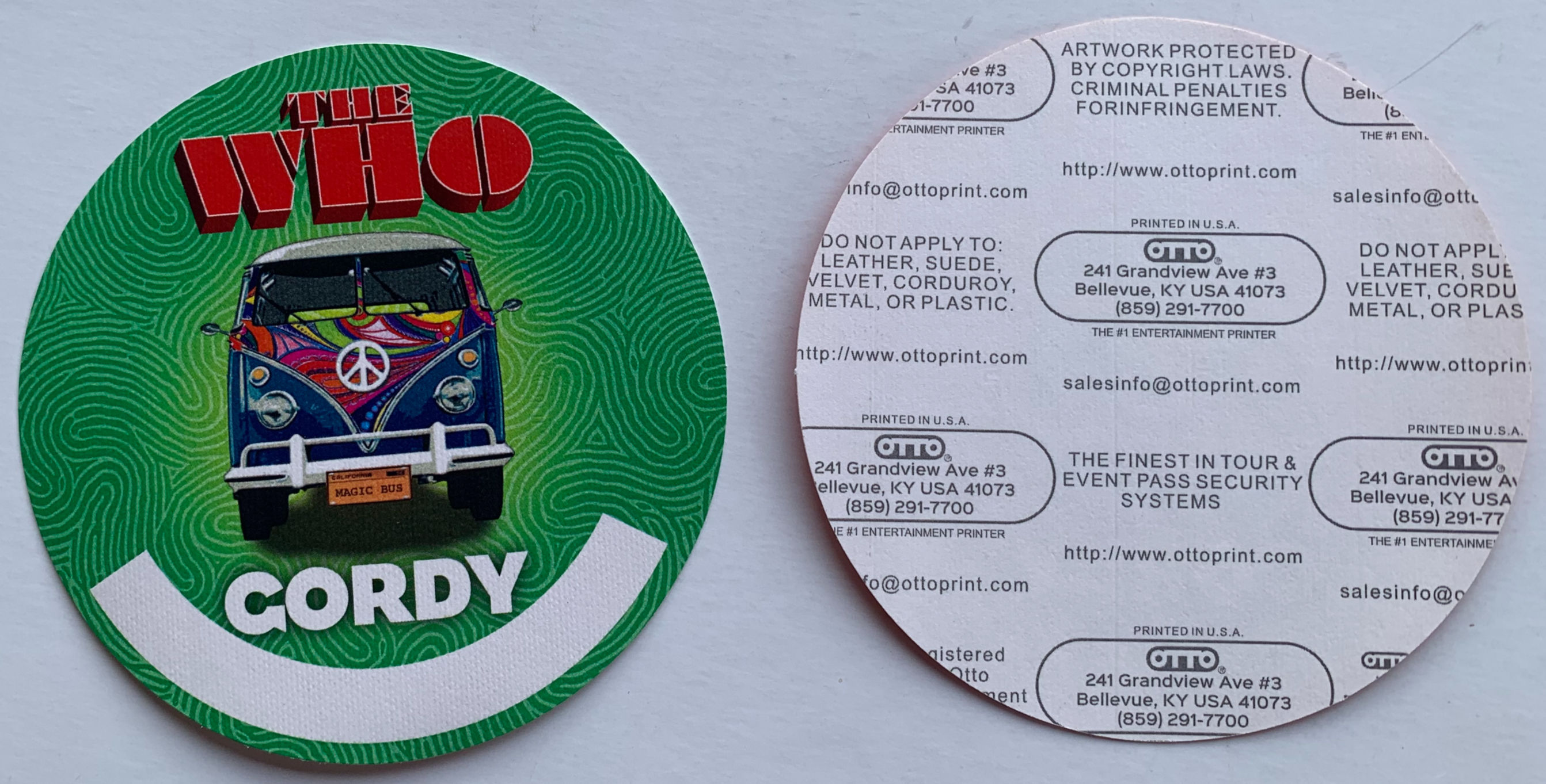 The Who Green Gordy VW Bus Concert Tour Backstage Pass