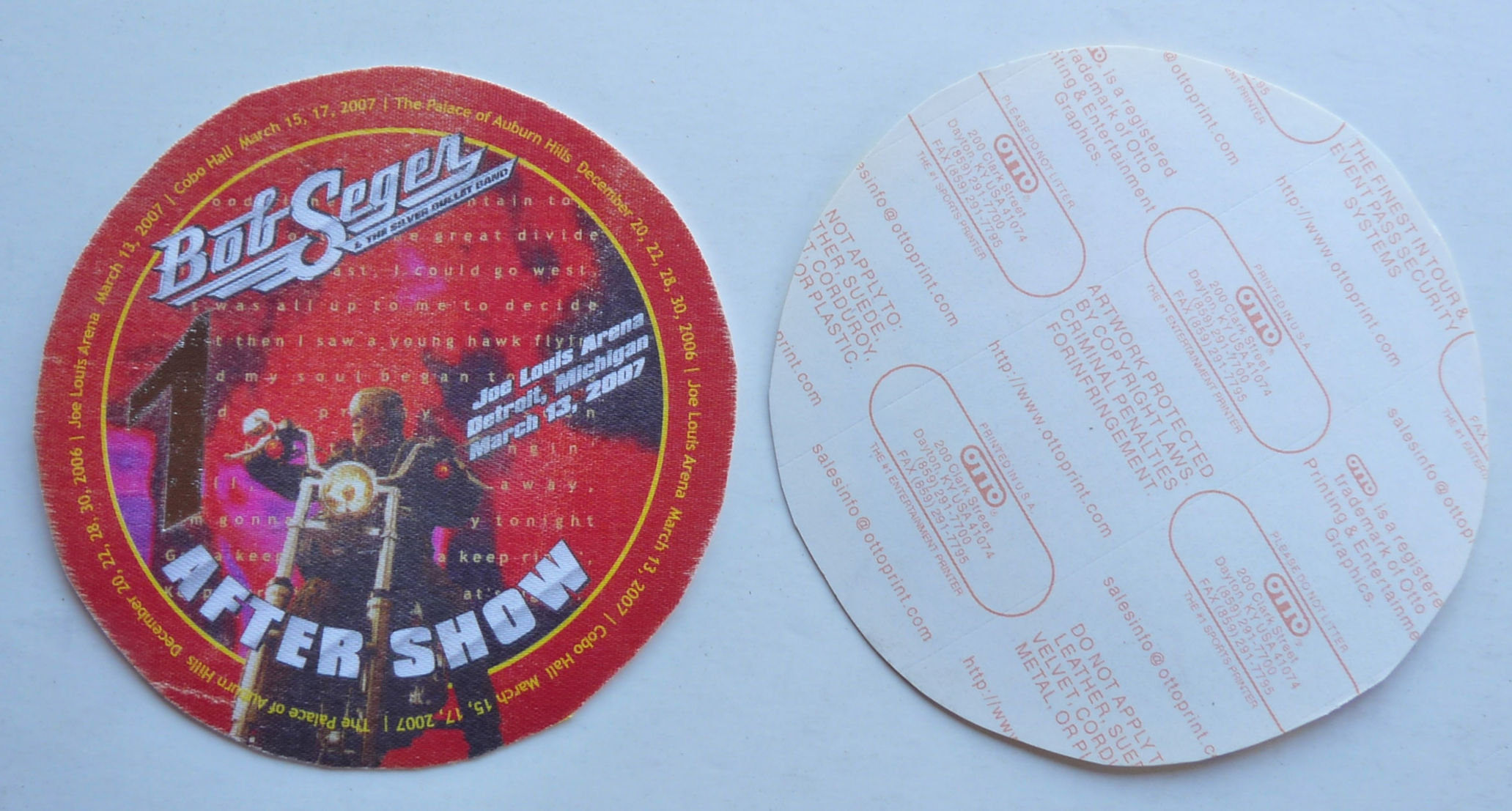 Bob Segar 2007 Concert Tour Red After Show Backstage Pass D9
