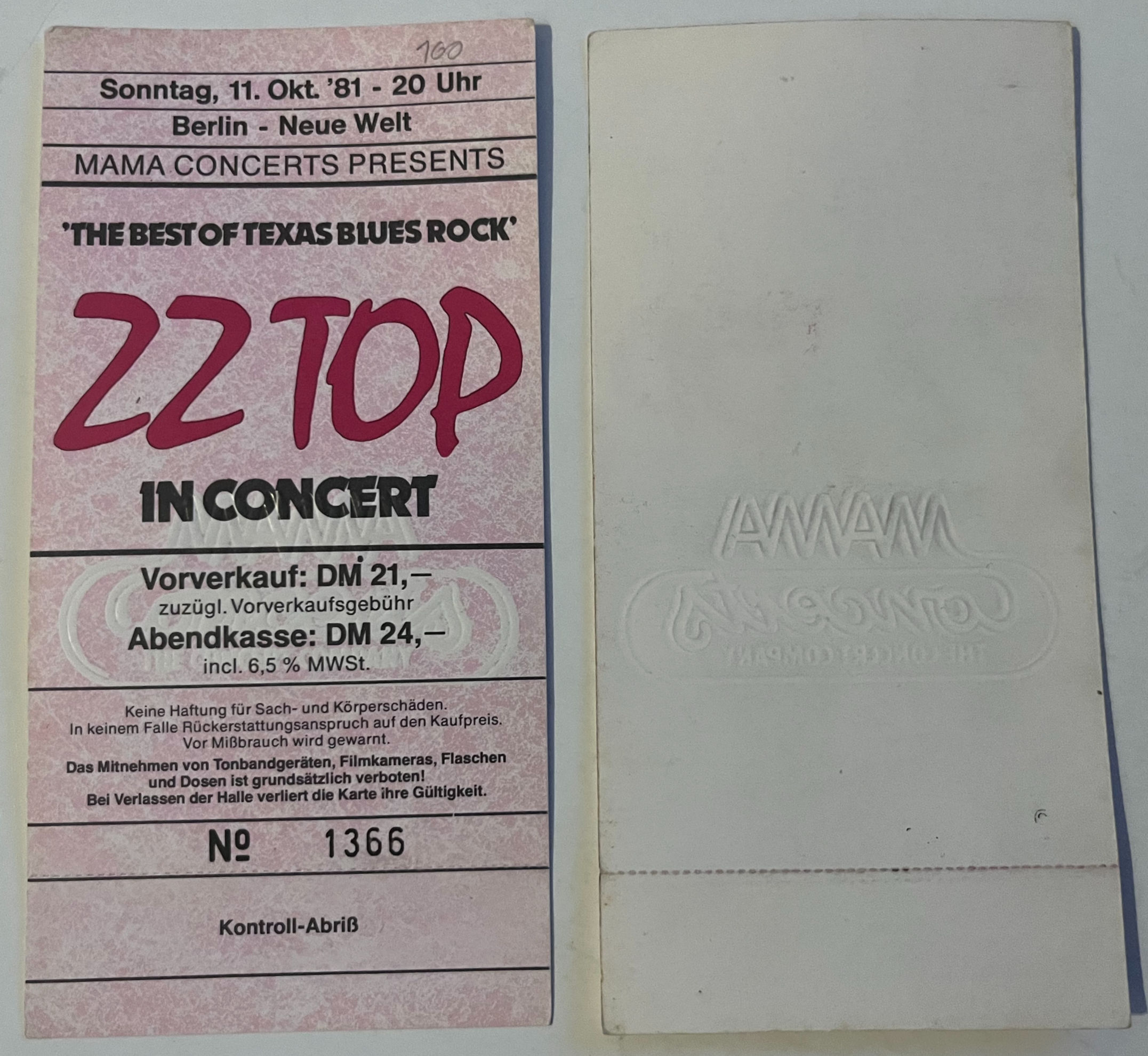 ZZ Top Oct 11th 1981 Berlin 2 7/8" x 5 5/8" Concert Tour Un-UsedTicket