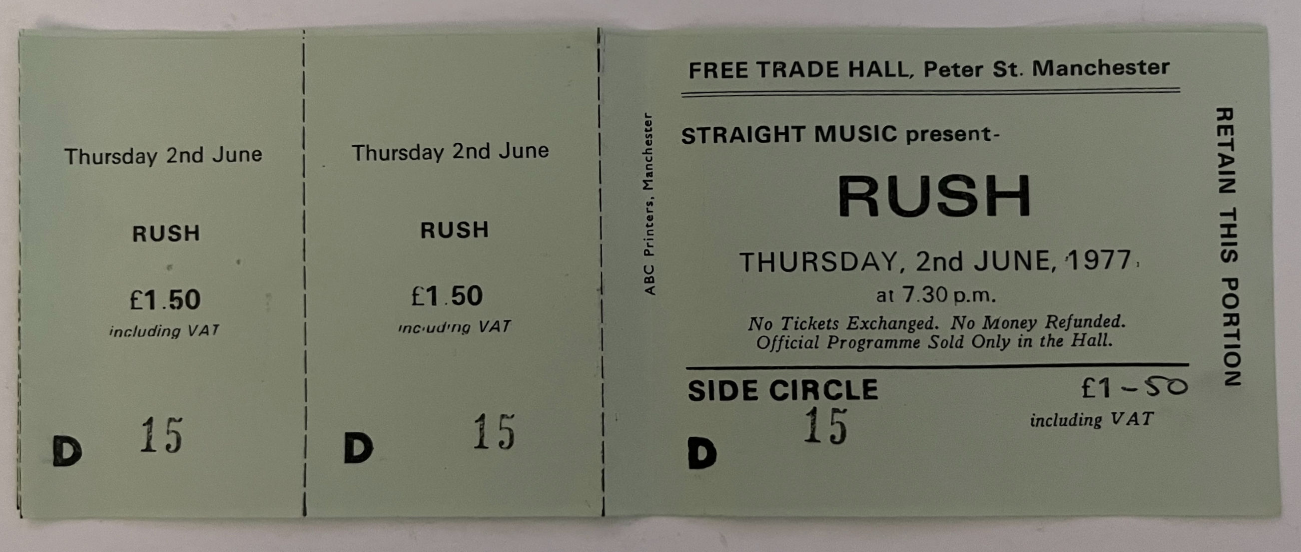 Rush 6-2-77 Green Manchester Un-Used Concert Ticket