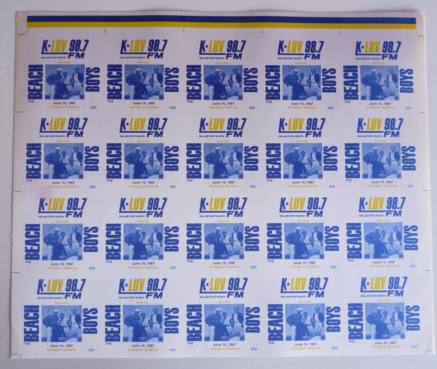 Beach Boys 1987 Tour Sheet of 20 Yellow Uncut Cloth Backstage Pass