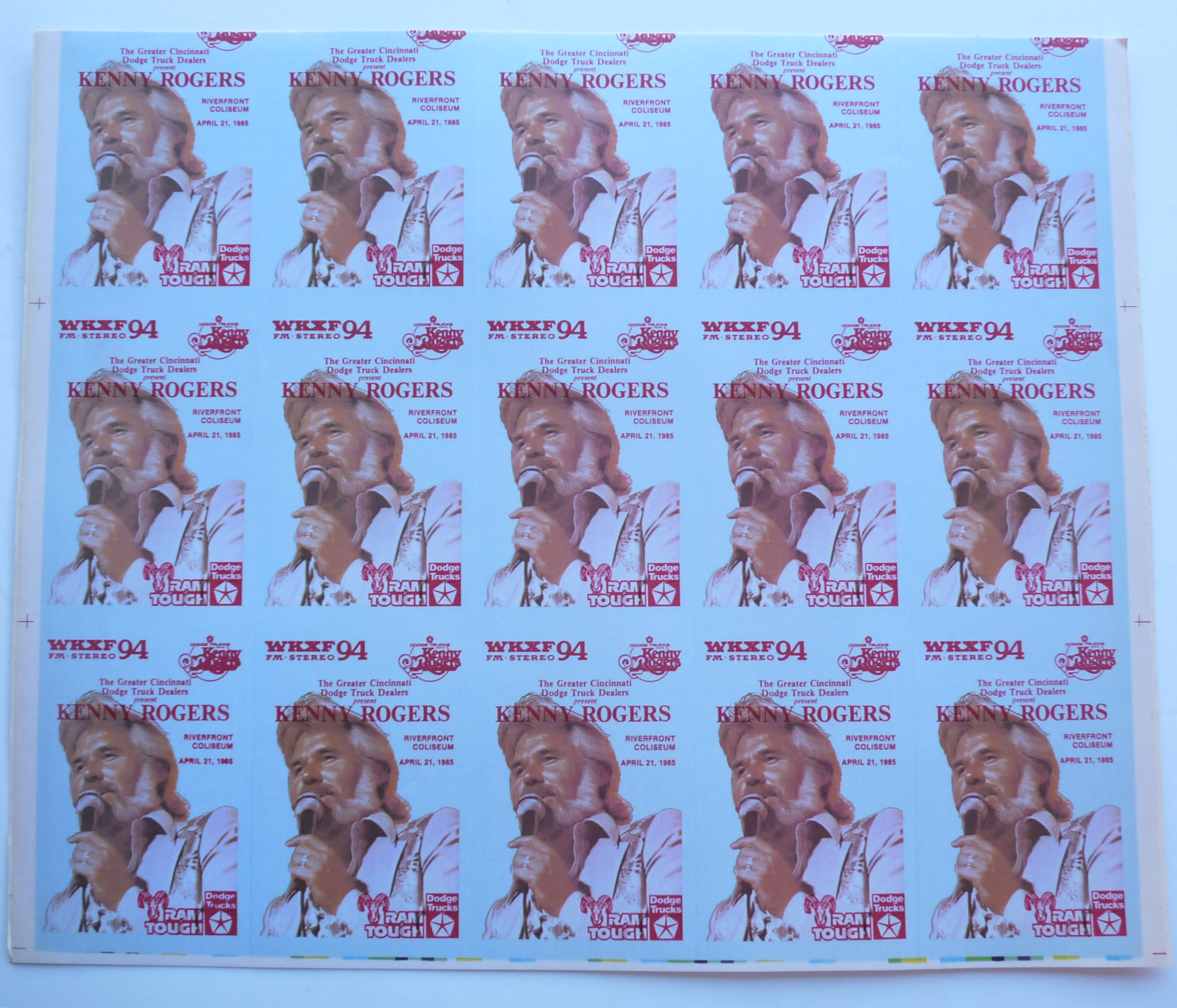 Kenny Rogers Dodge 1985 Tour Sheet Uncut Concert Backstage Passes