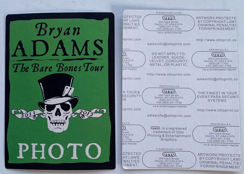 Bryan Adams Green Photo 2011-2012 Concert Tour Backstage Pass