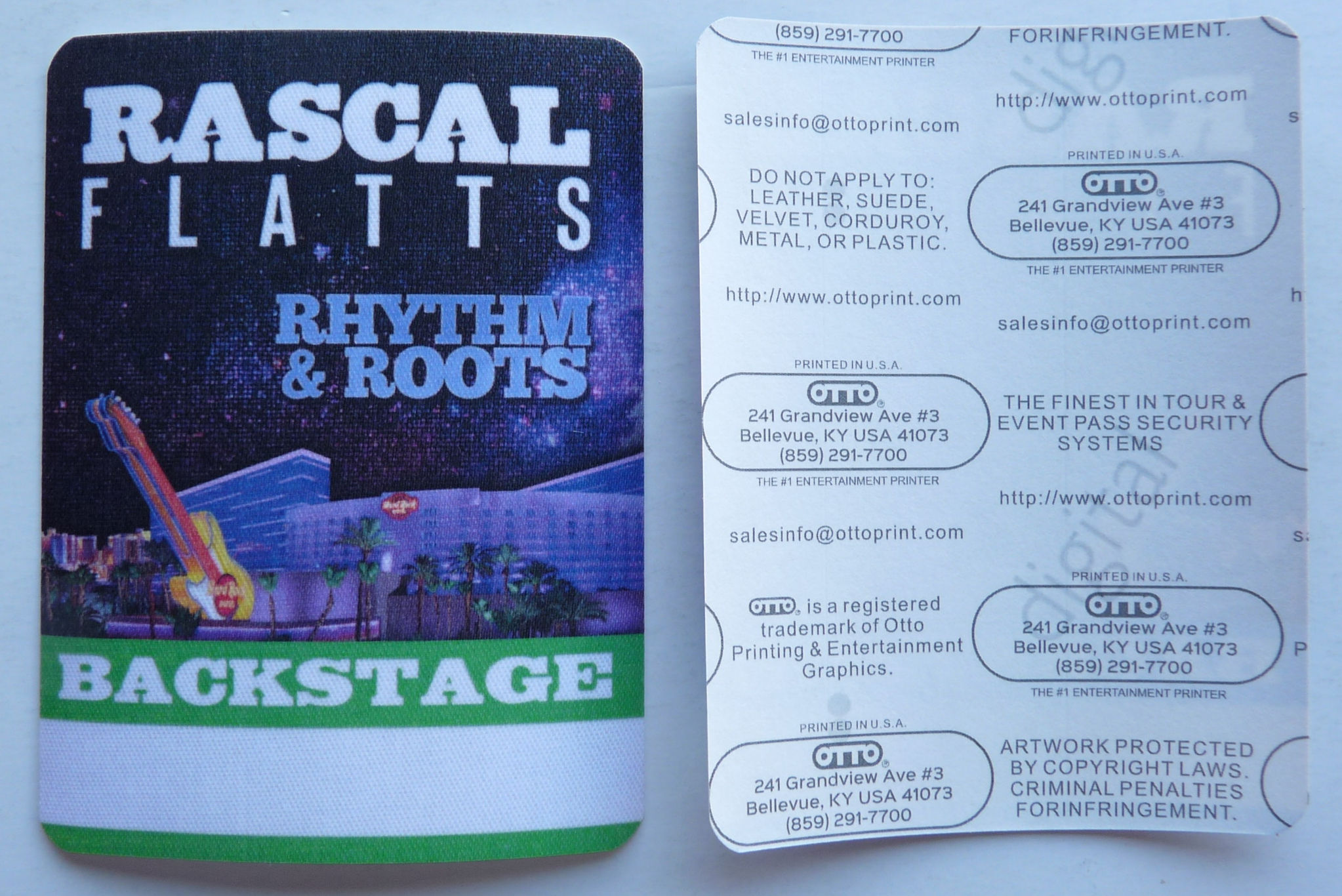 Rascal Flatts Rhythm & Roots Concert Tour Green Backstage Pass D31