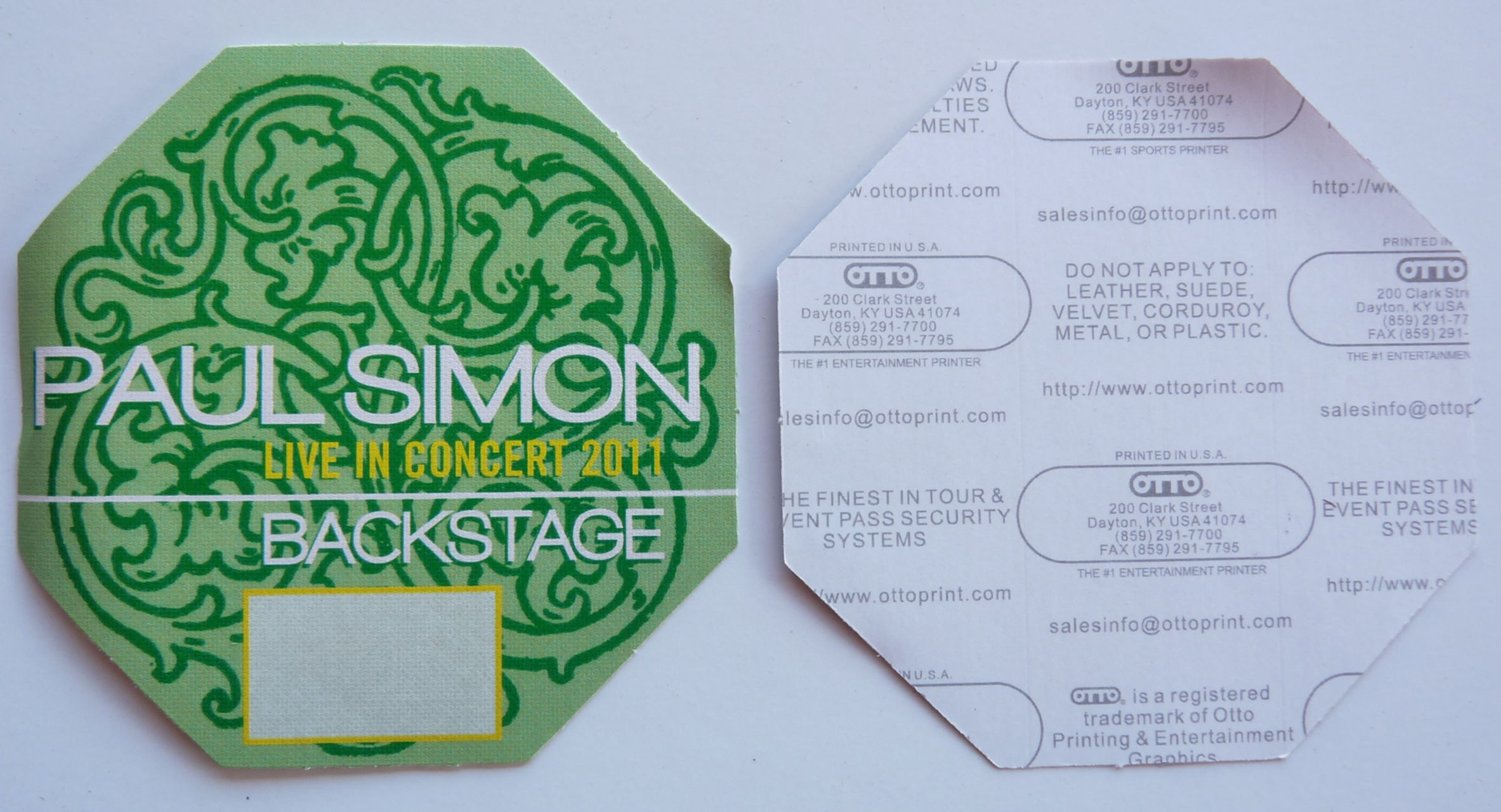 Paul Simon 2011 Concert Tour Green Backstage Pass D21