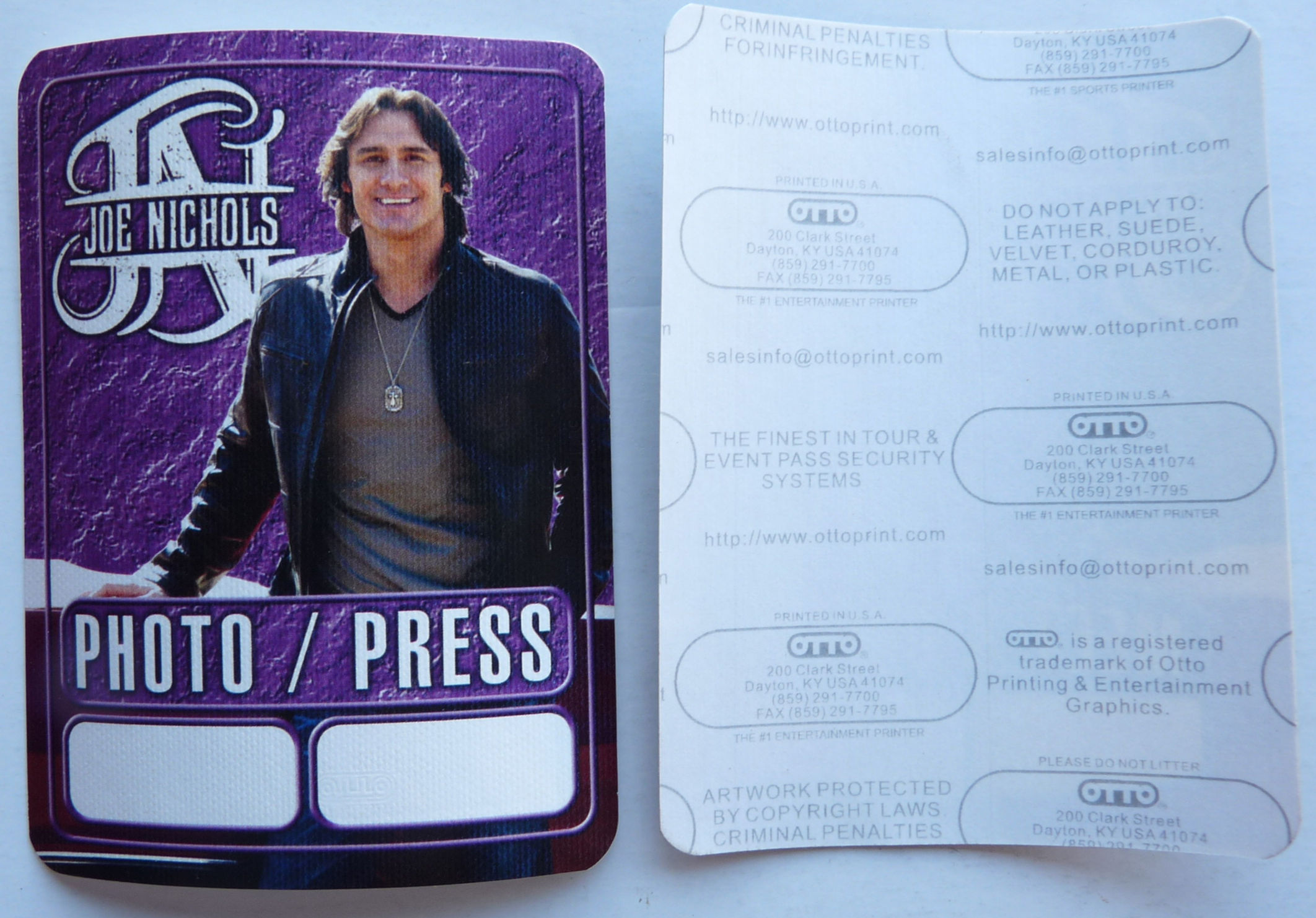 Joe Nichols Purple Photo Press Concert Tour Backstage Pass D31